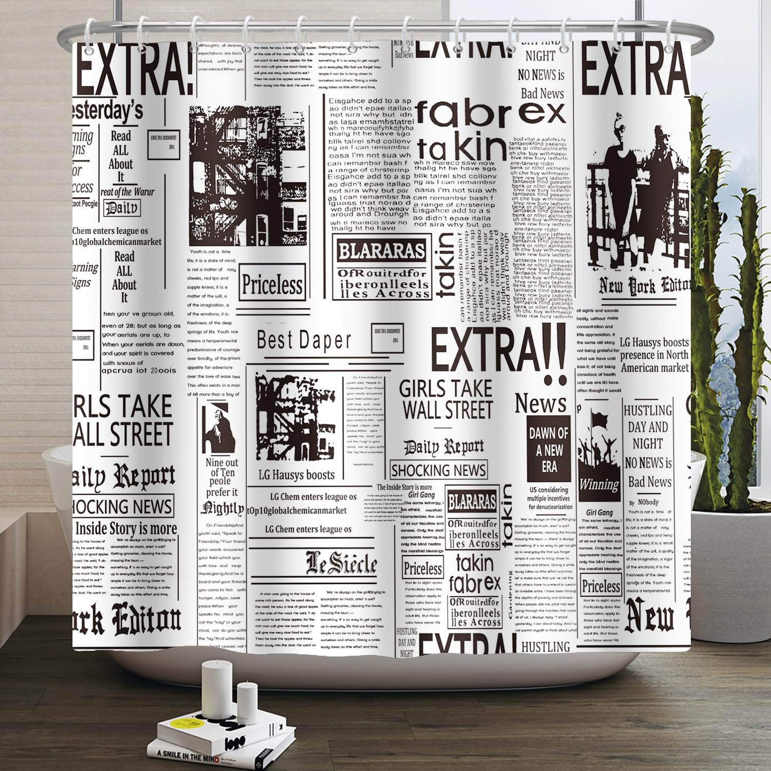 Kzzfqxb 180x200cm Shower Curtains with Plastic Hooks, Retro Vintage Old Newspaper Magazine Pattern Waterproof Polyester Fabric for Bathtub, Simple Black and White Decoration for Bathroom
