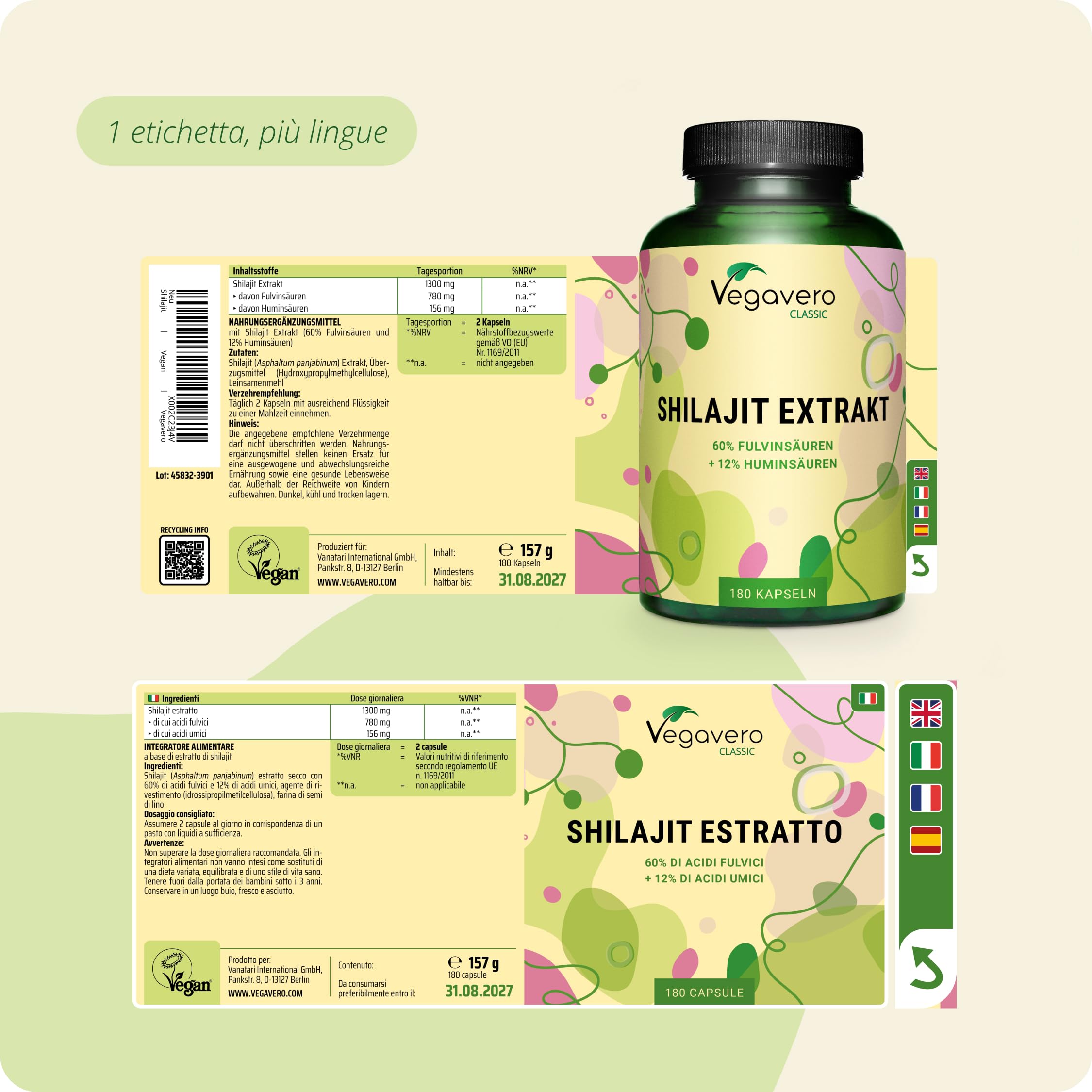SHILAJIT MUMIJO Puro Vegavero® | 1.300 mg | con 60% Acidi Fulvici e 12% Acidi Umici | Mumio con più di 85 oligoelementi | Medicina Ayurveda e Tibetana | 180 capsule | Vegan