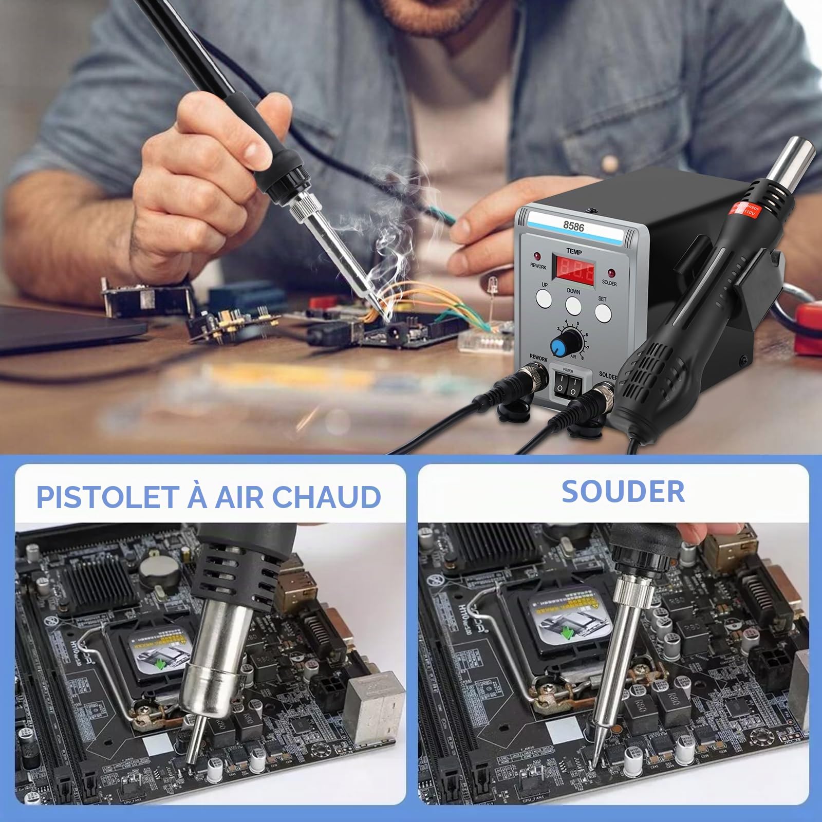 Station De Soudage à Air Chaud +Fer, 700W 2 En 1 Station De Soudage Et De Fer à Souder à Air Chaud Station De Dessoudage, 8586 Station Air Chaud Smd Rework Station Pour Soudure Et Dessoudage