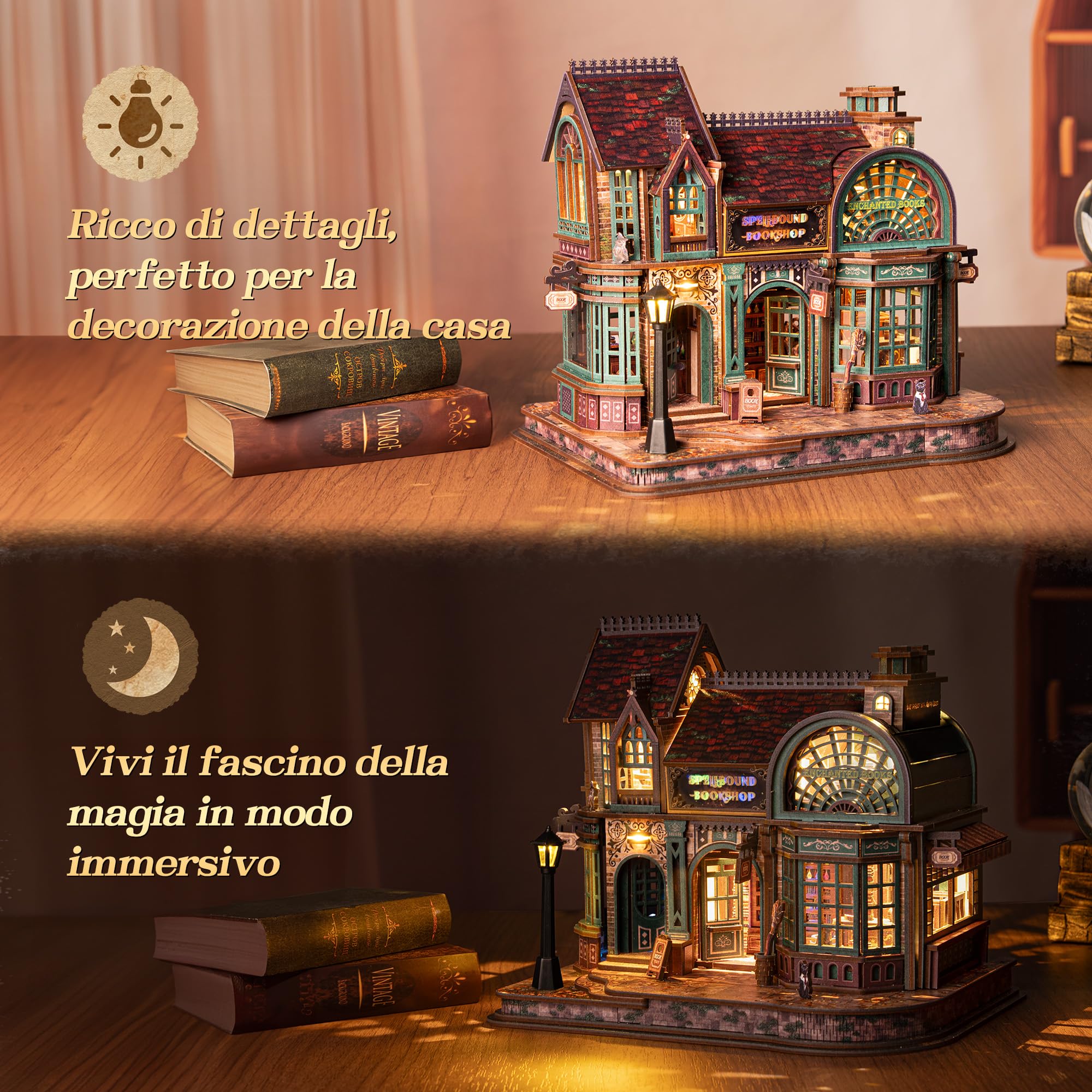 FUNPOLA Puzzle 3D in legno Libreria Magica con luci LED – Kit miniatura fai-da-te Spellbound Bookshop, decorazione per la casa e regalo creativo per adulti e ragazzi