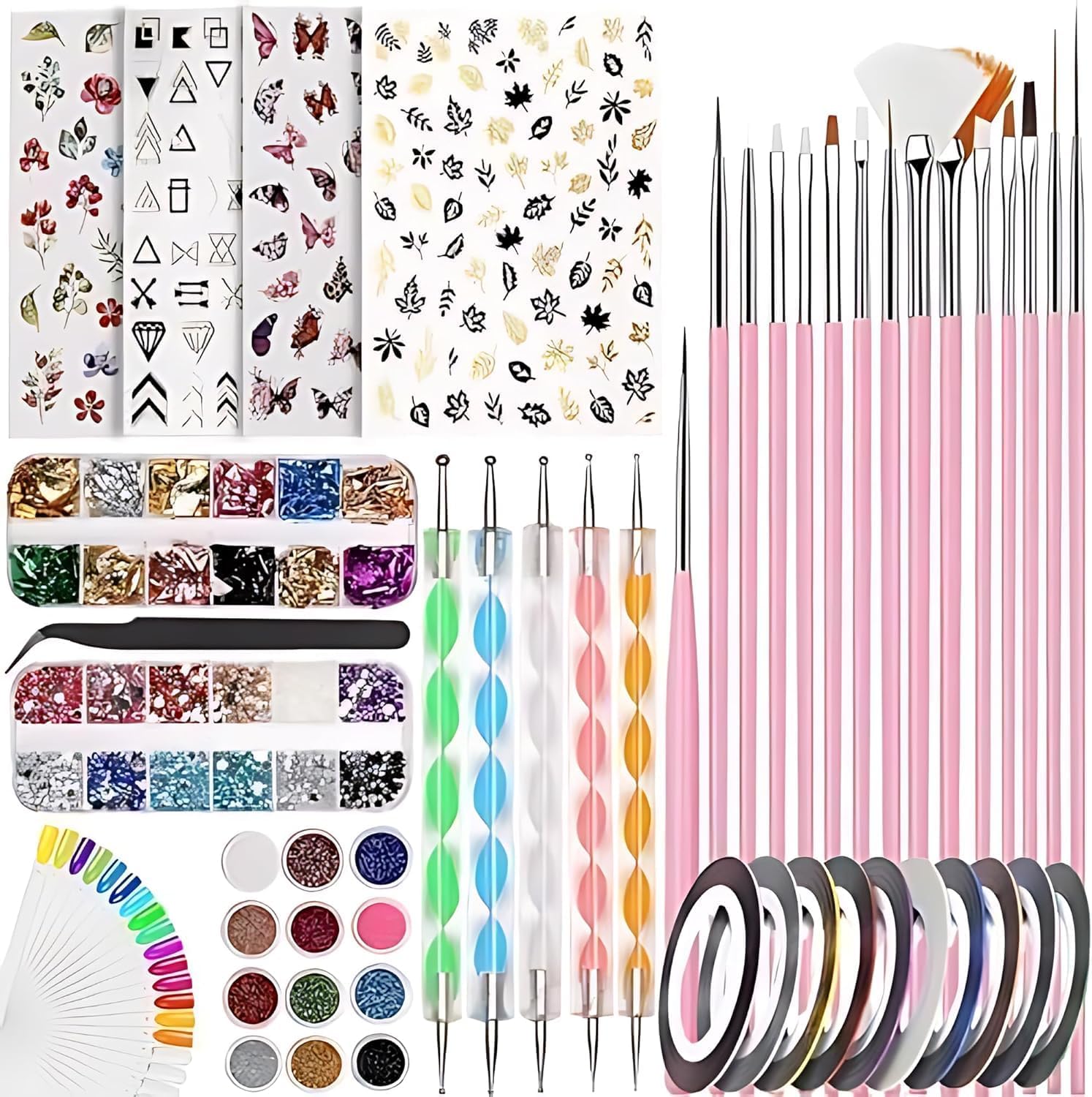 Nail Art kit Accessories,121pcs, Nail Art Brushes, Tools, Nail Pen designing Dotting,Colourful Nail foil,Stripping Manicure Tape, Rhinestone,Nail Glitter Powder,Supplies In Nail Art Set,Practic Tips