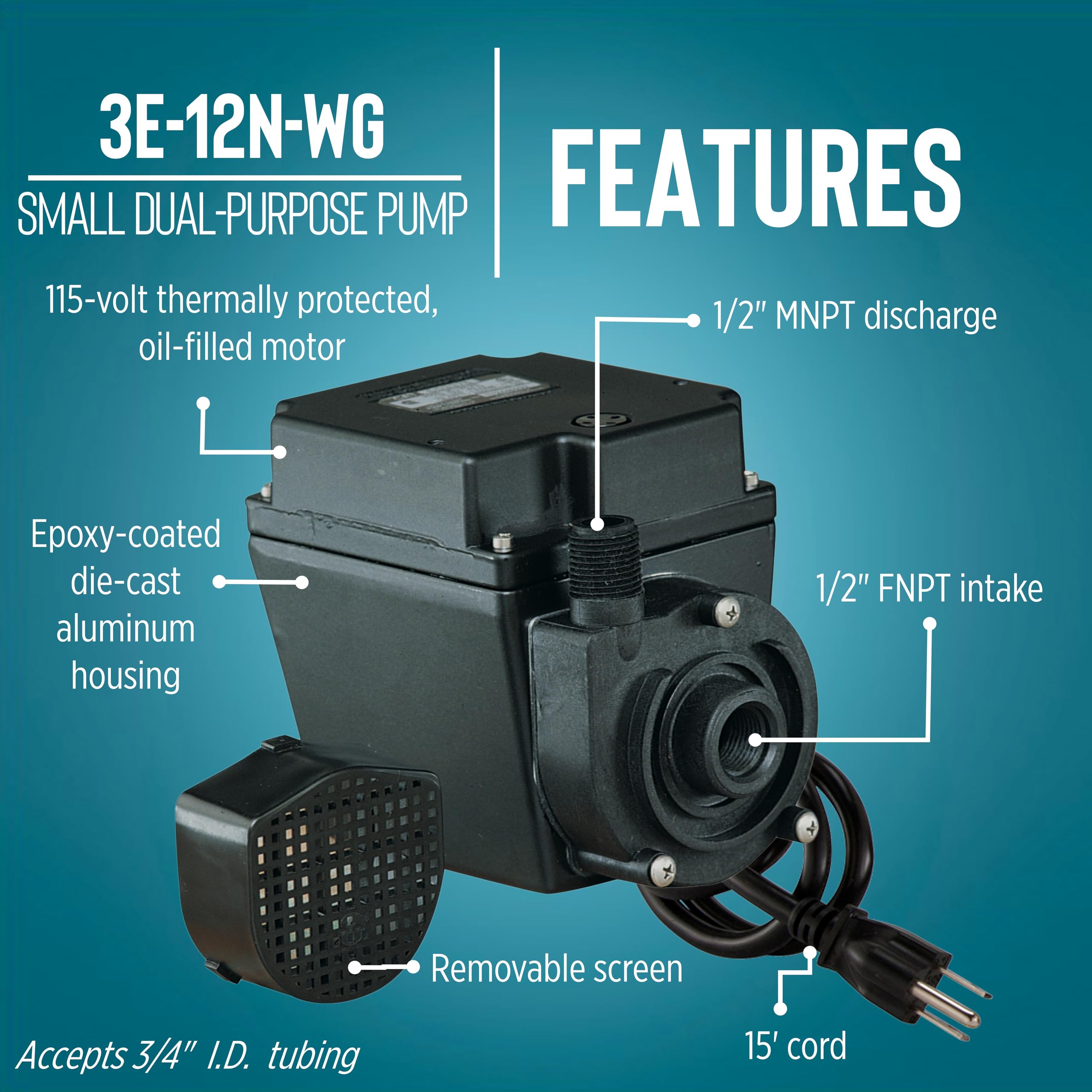 Little Giant 3E-12N-WG, 115-Volt, 1/15 HP, 500 GPH Oil-filled