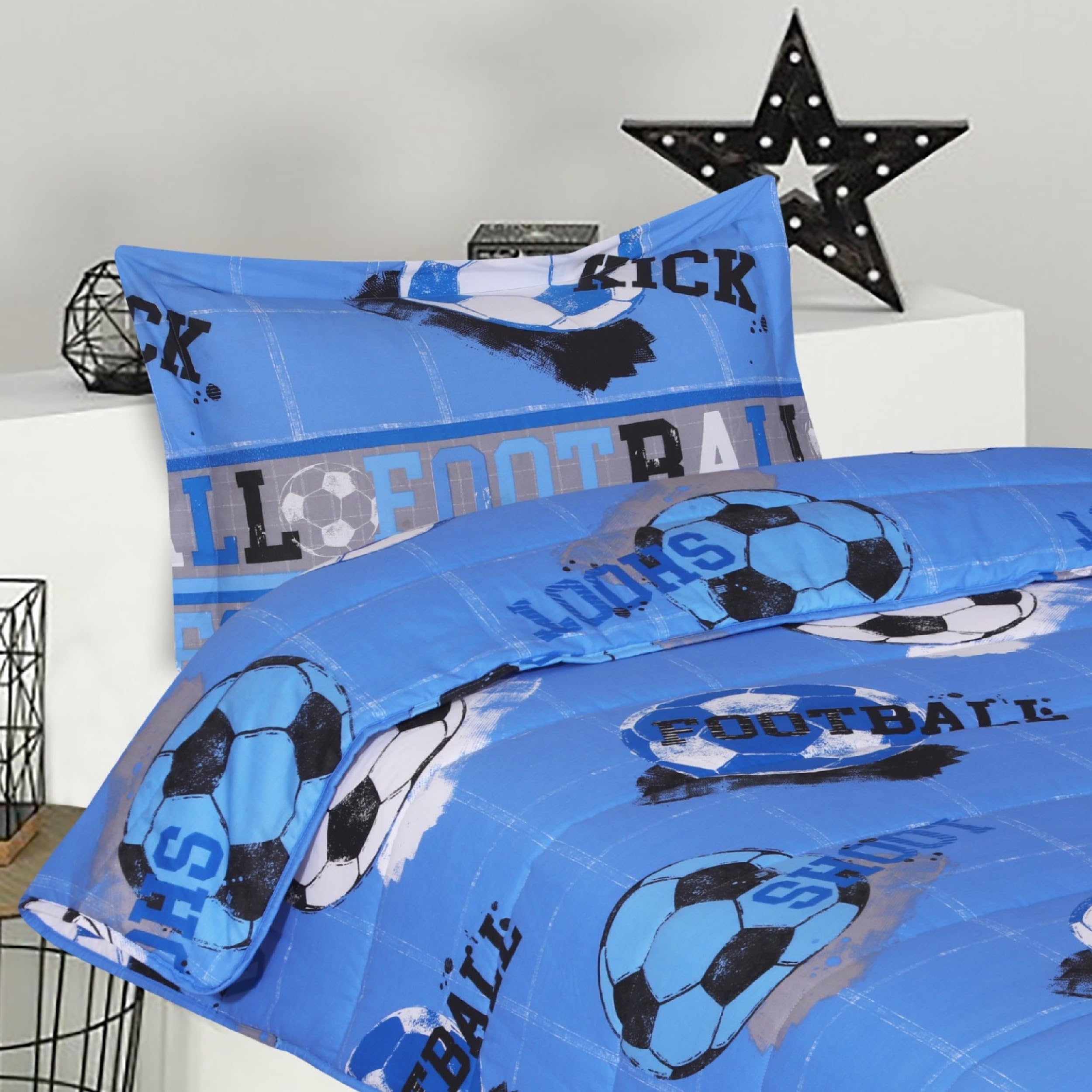DHESTIA HOME Edredón Ajustable Cama Infantil Fútbol Quick Color Azul Talla Cama 90