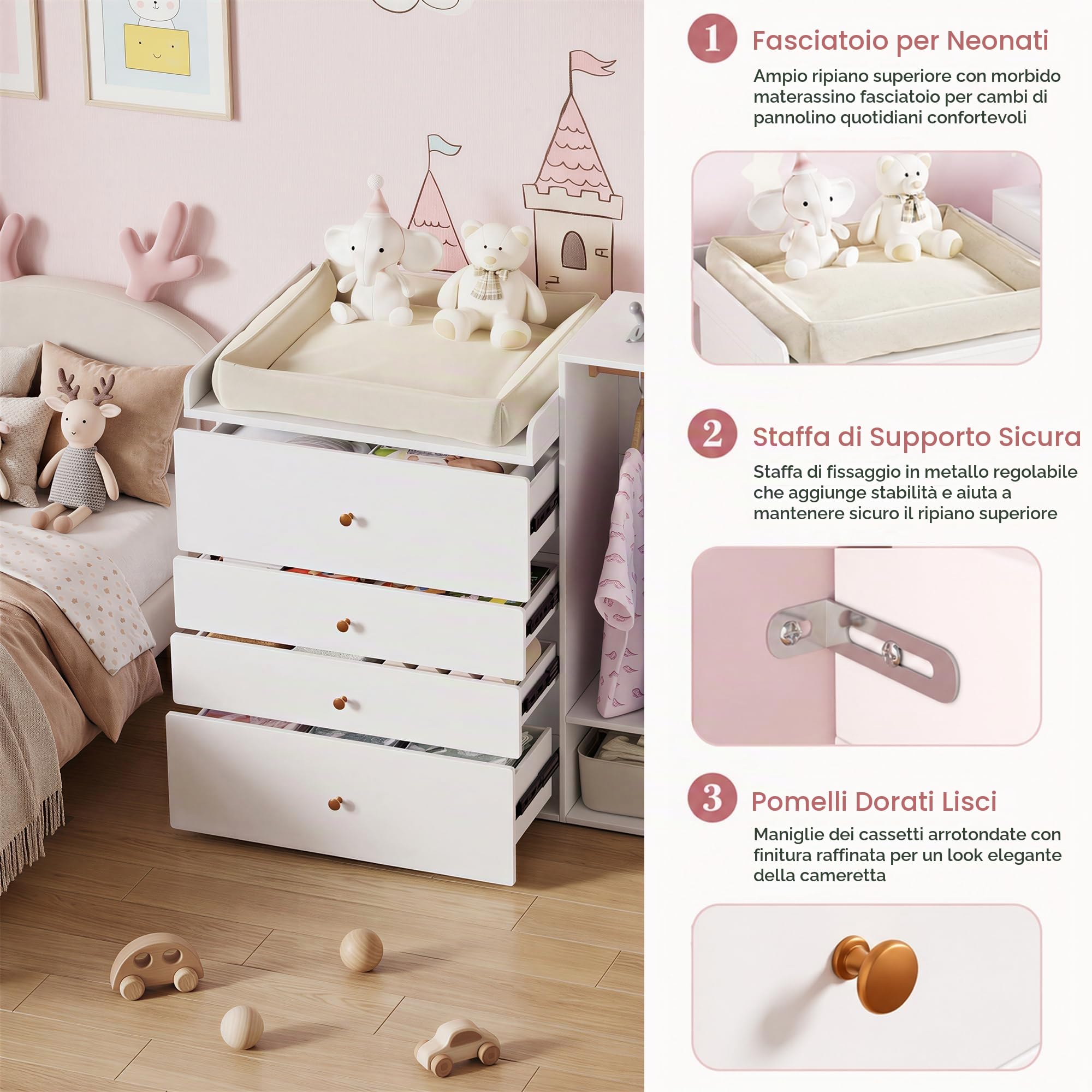 MSFE Fasciatoio con Cassetti, Zona per Appendere i vestiti, Multifunzionale Cassettiera con Fasciatoio + Toeletta, Non include il cuscino, 2 confezioni, 150x112x38cm, Grande Capacità
