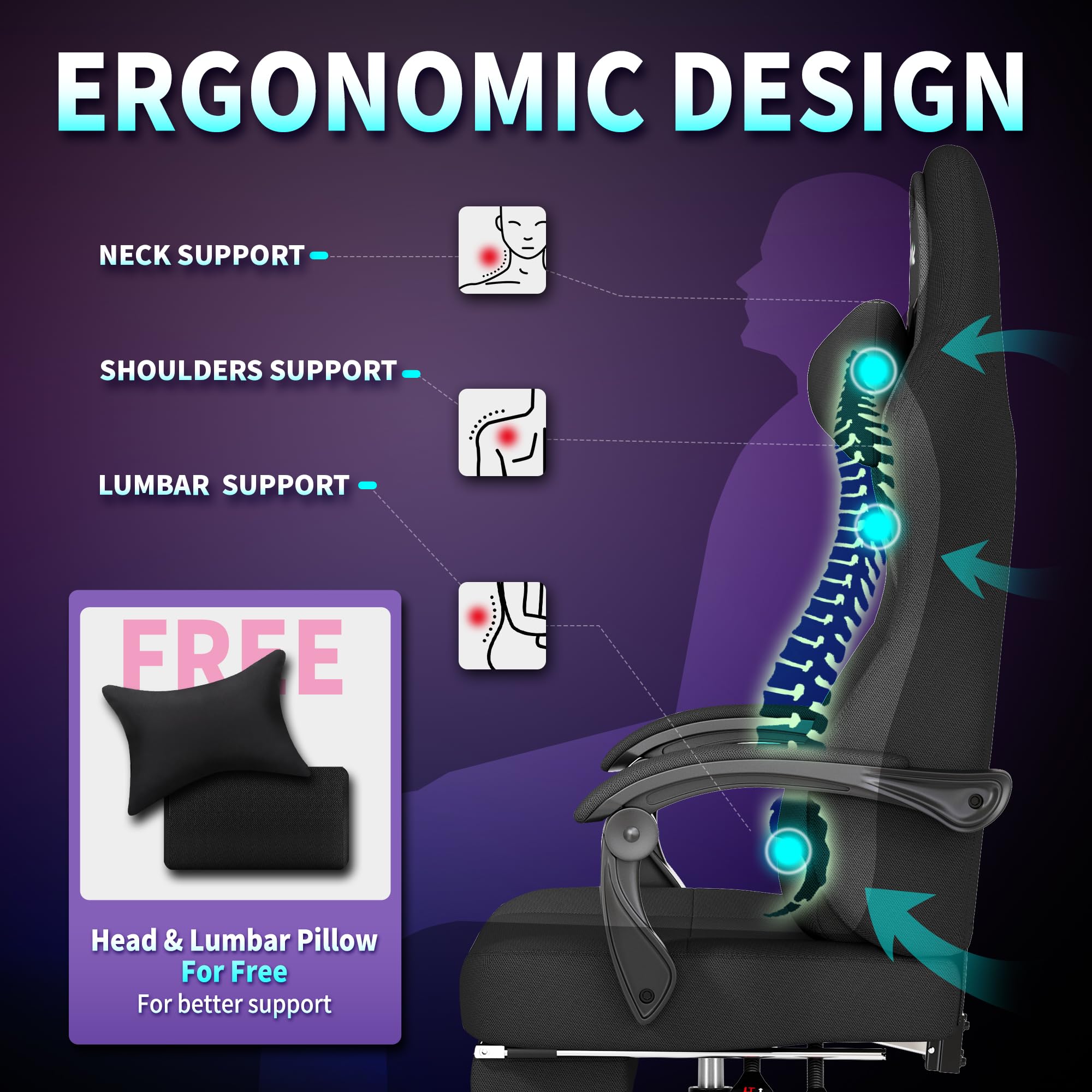 Sedie Gaming, Poltrona Altezza Regolabile con poggiatesta, Sedia da Ufficio Ergonomica, e supporto lombare sedia per PC, girevole a 360 gradi Sedia da gioco in tessuto, per ufficio e casa, Nero