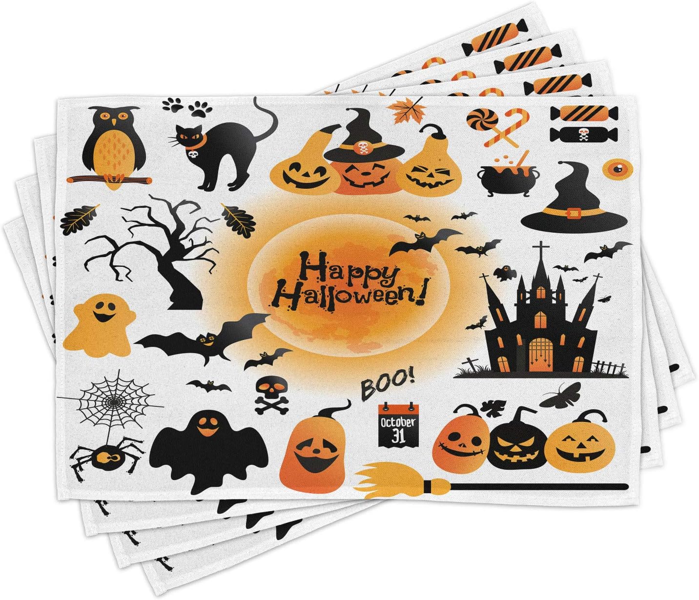 Ambesonne Halloween Place Mats Set of 4, All Hallows Day Objects Haunted House Owl and Trick or Treat Candy Black Cat, Washable Fabric Placemats for Dining Table, Standard Size, Black Orange