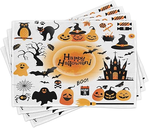 Ambesonne Juego de 4 manteles individuales de Halloween, todos los objetos del día de las Reliquias, casa embrujada, búho y gato negro de dulce o