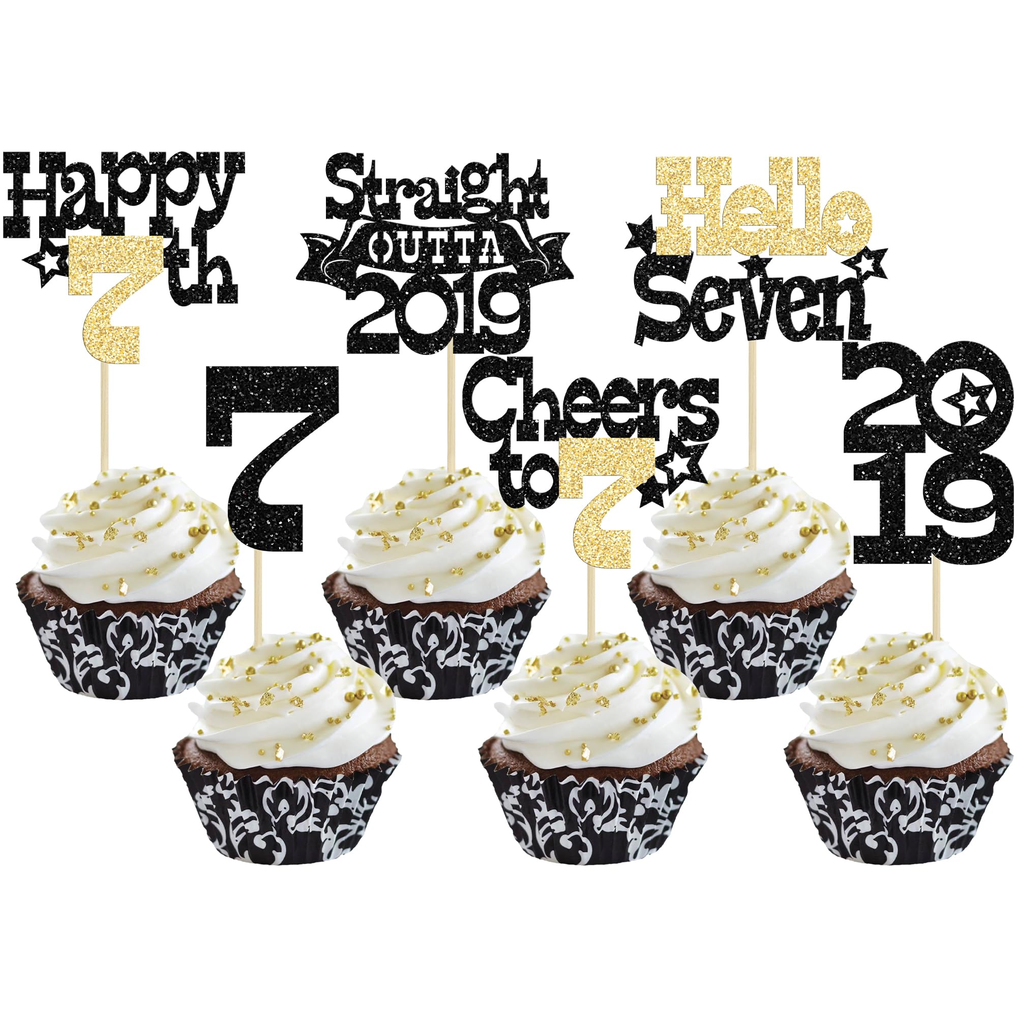 Ephlyn 30Pcs Straight Outta 2019 Cupcake Toppers Glitter Hello Seven Happy 7th Birthday Cupcake Picks Cheers to 7 Years Cake Decorations for 7th Birthday Party Supplies Black Gold