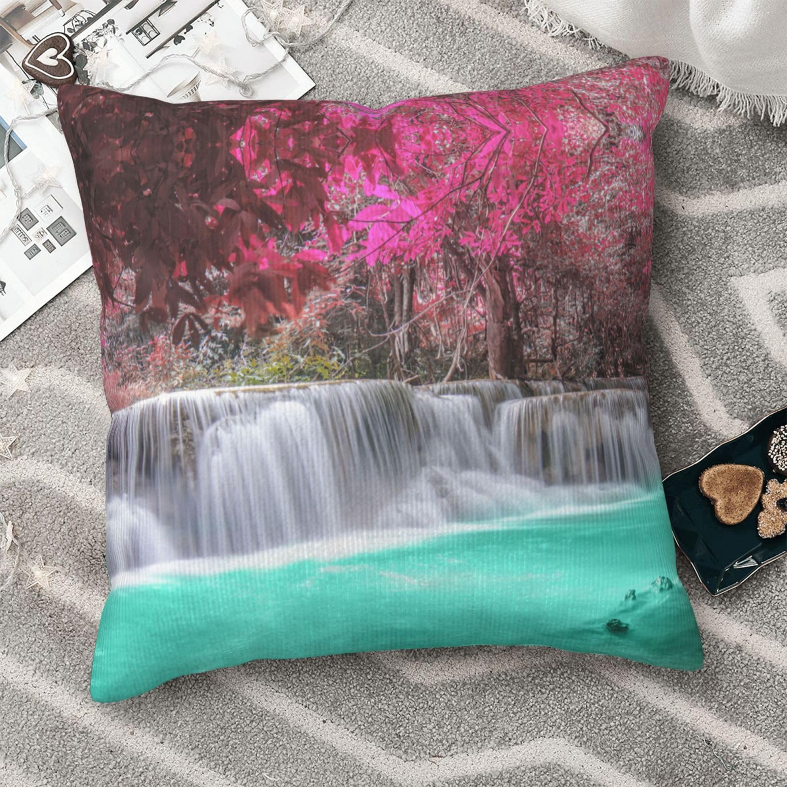 Housse coussin velours côtelé imprimé cascade pour canapé terne