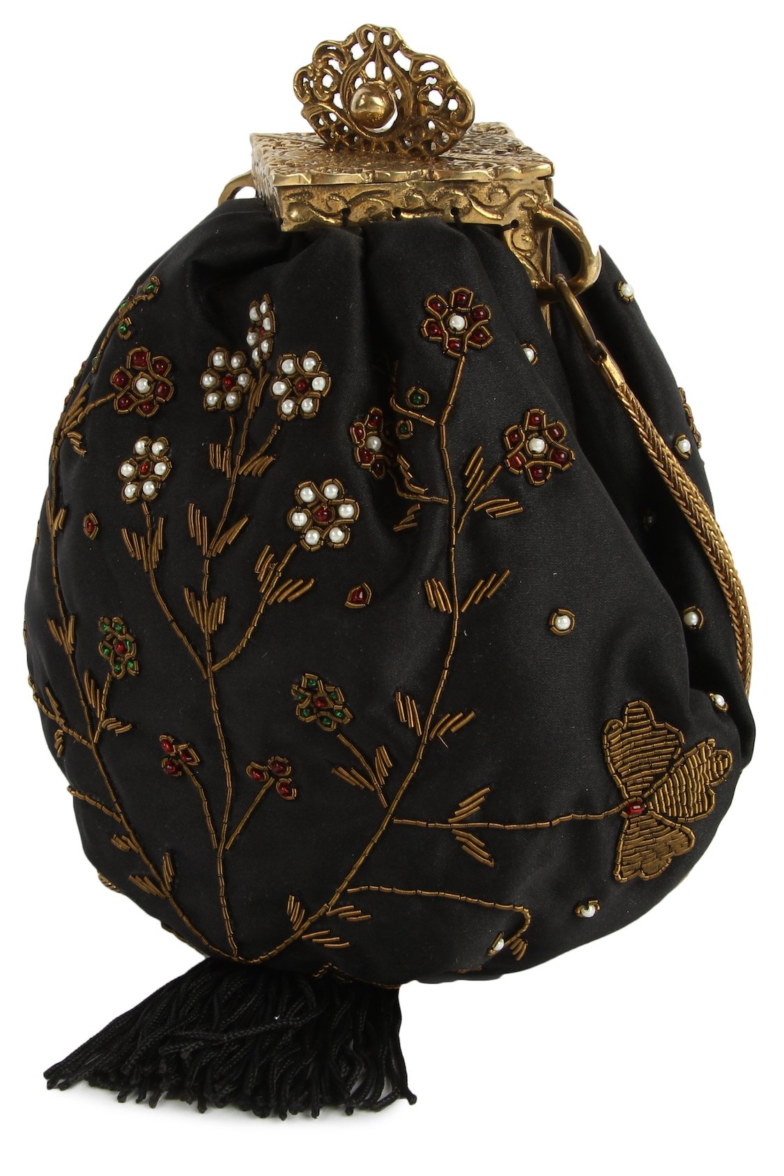 MyBatua Ashley Black Pouch Shape Brass Frame Handbag Unique Shape Bag ACP-498