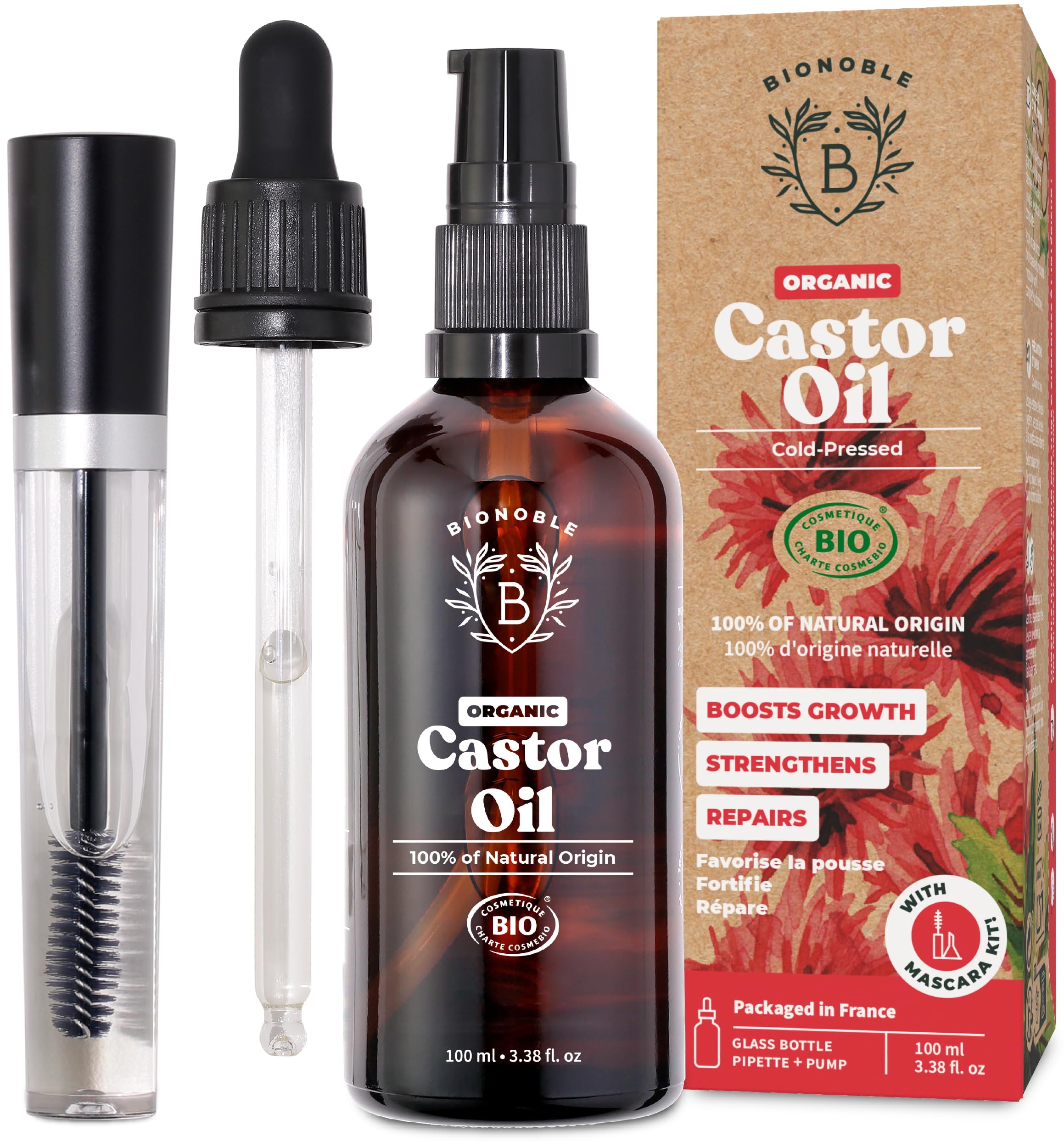 Bionoble Organic Castor Oil 100ml - 100% Pure, Natural, Cold Pressed - Lashes, Eyebrows, Body, Hair, Beard, Nails - Vegan and Cruelty Free - Glass Bottle + Pipette + Pump + Mascara Kit