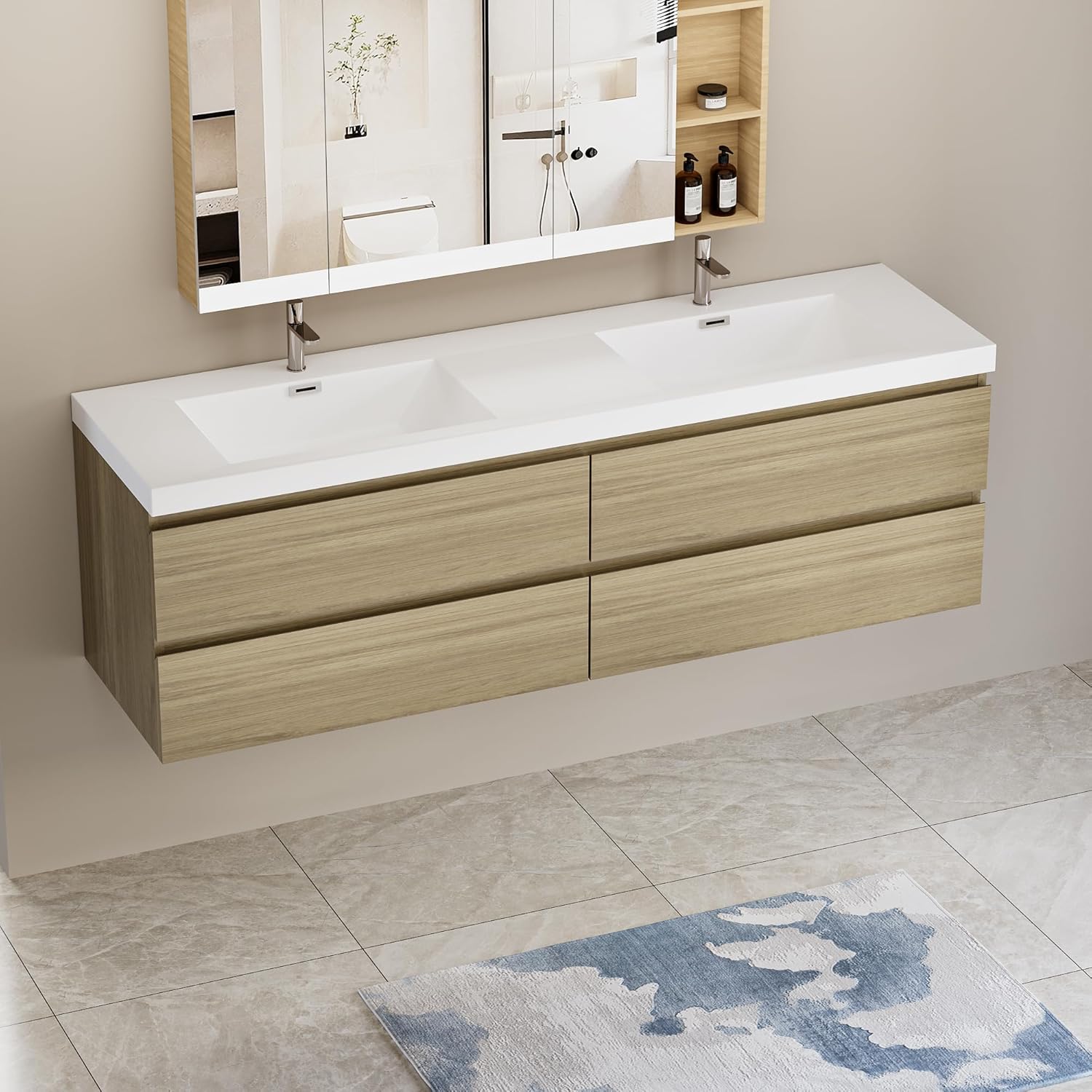 TONA 72" Floating Bathroom Vanity with Sink Combo Modern Design with Invisible Handle, Wall Mounted Bathroom Storage with 2 Resin Top Basin and 4 Soft Close Drawers - (Natural Oak, Angela 72")