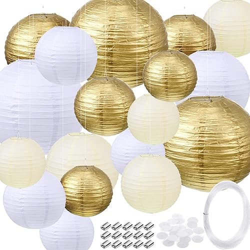 Juego de 18 linternas redondas de papel chino, 46812 pulgadas, lámparas de papel redondas para colgar en bodas, fiestas de compromiso (oro, beige,