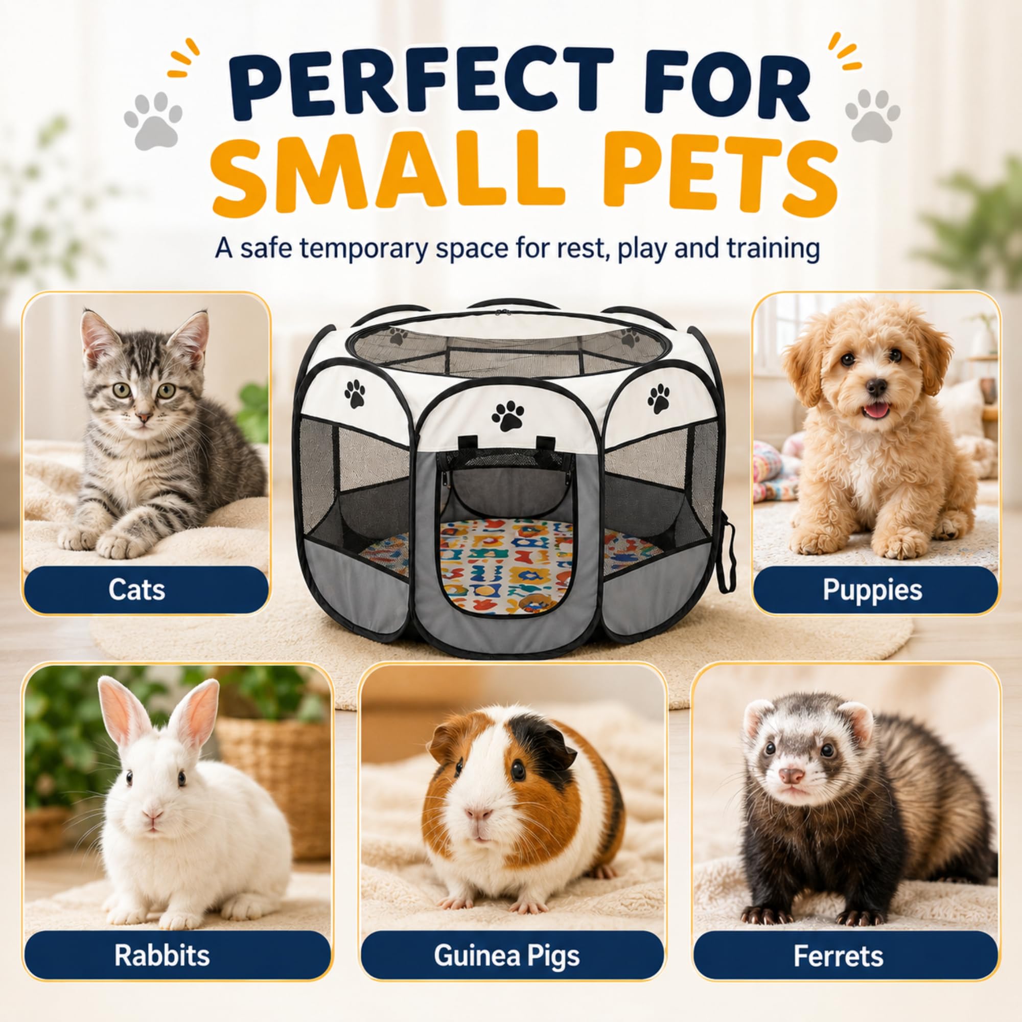 Caño plegable para cachorros, 74 x 74 x 43 cm, parque para cachorros y gatos para el hogar, parque plegable para perros, gatos, conejos, interior y exterior, recinto para animales pequeños (gris)