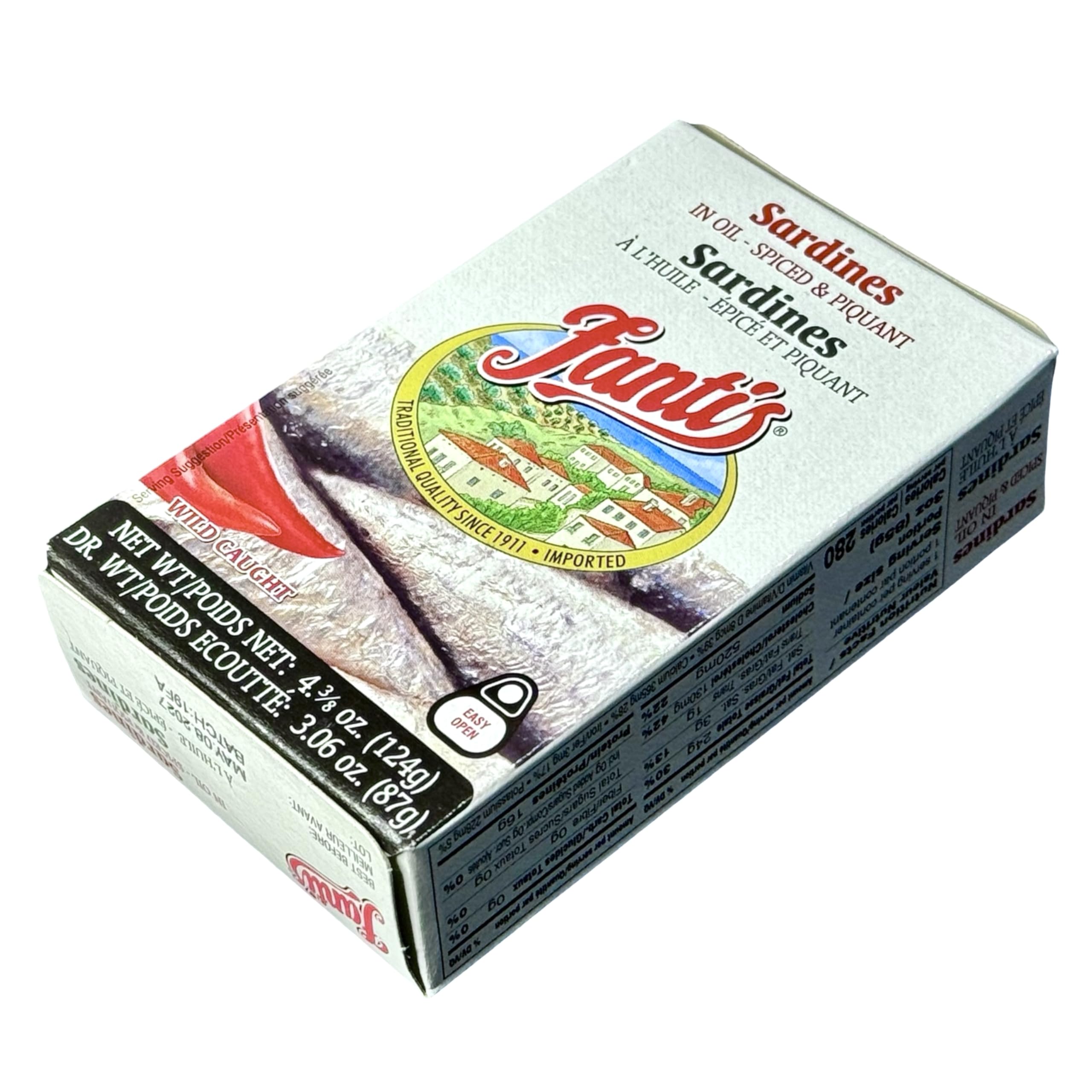 Fantis – Sardines in Oil – Spiced & Piquant Wild-Caught Sardines, from Spain, Keto-Friendly, Ready to Eat, High Protein Seafood Snack, 4.375 oz, Pack of 6