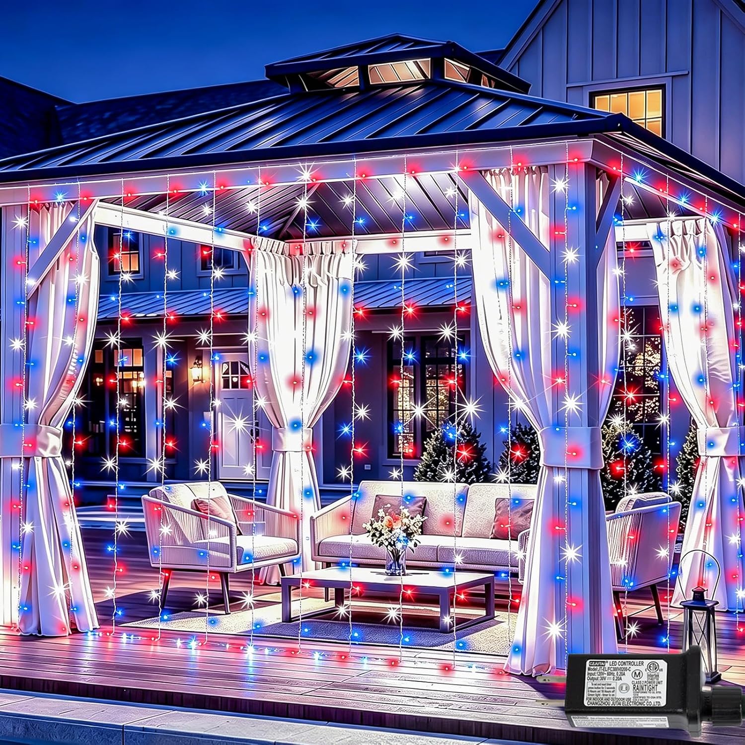 QITONG 300 LED Red White Blue Curtain Lights, 9.8×9.8ft 4th of July Lights with Plug in, 8 Modes Patriotic Hanging String Lights for Bedroom Indoor Independence Memorial Backdrop Decor