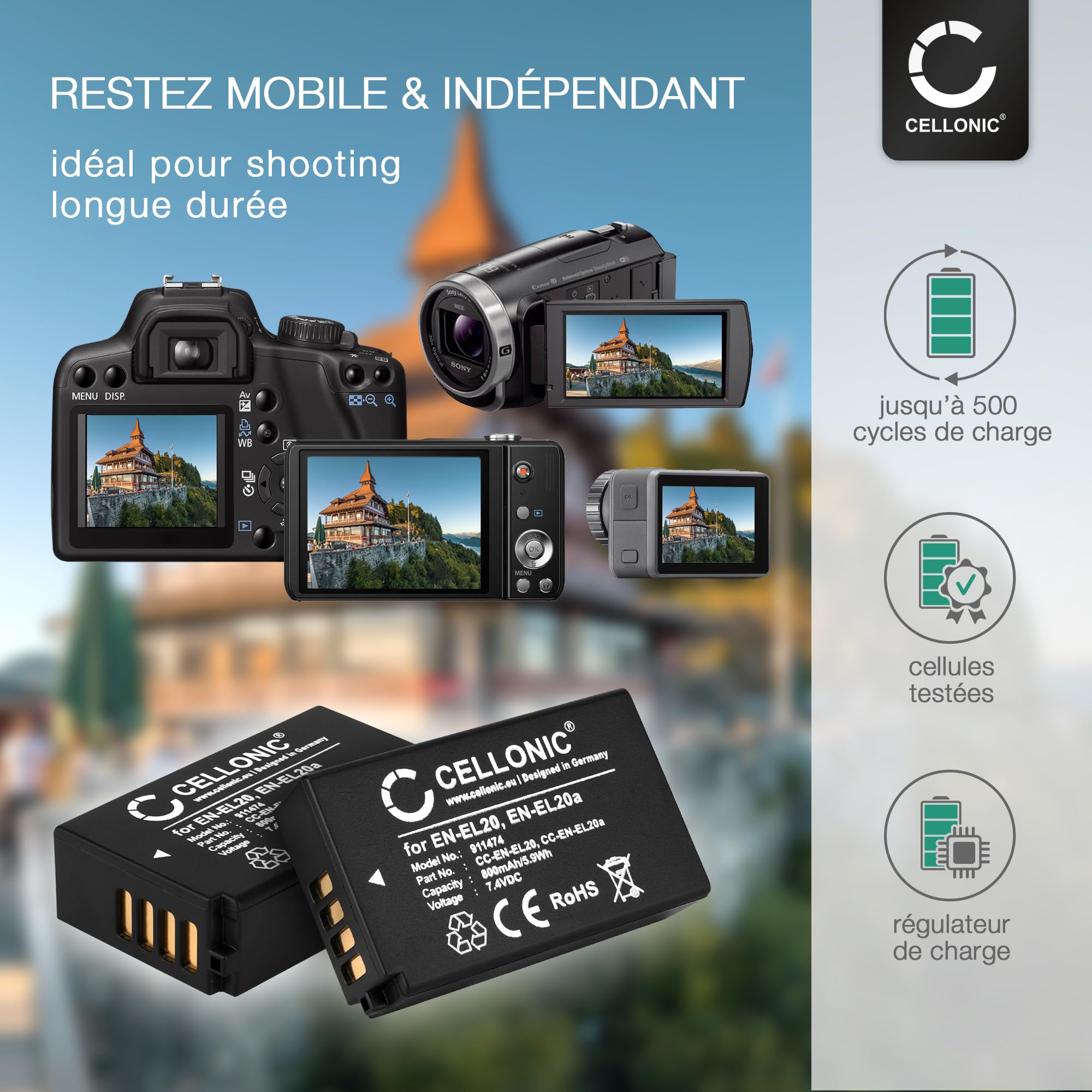 CELLONIC 2X Batterie Compatible avec Blackmagic Pocket Cinema | 2x, (800mAh-7.4V-Lithium-Ionen), Kamera Akku