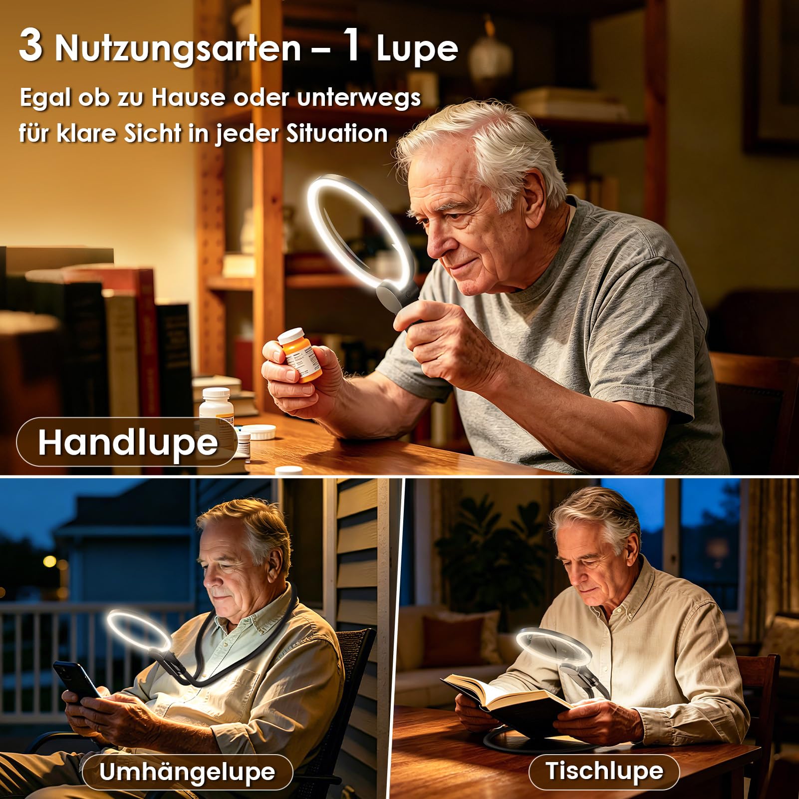 Wederaufladbare Lupe mit Licht 5X, 48 LEDs große Leselupe als Umhänge-, Tisch- & Handlupe, 3 Lichtmodi & stufenlos dimmbar, Akkuanzeige für Senioren zum Lesen, Stricken, Häkeln und Nähen