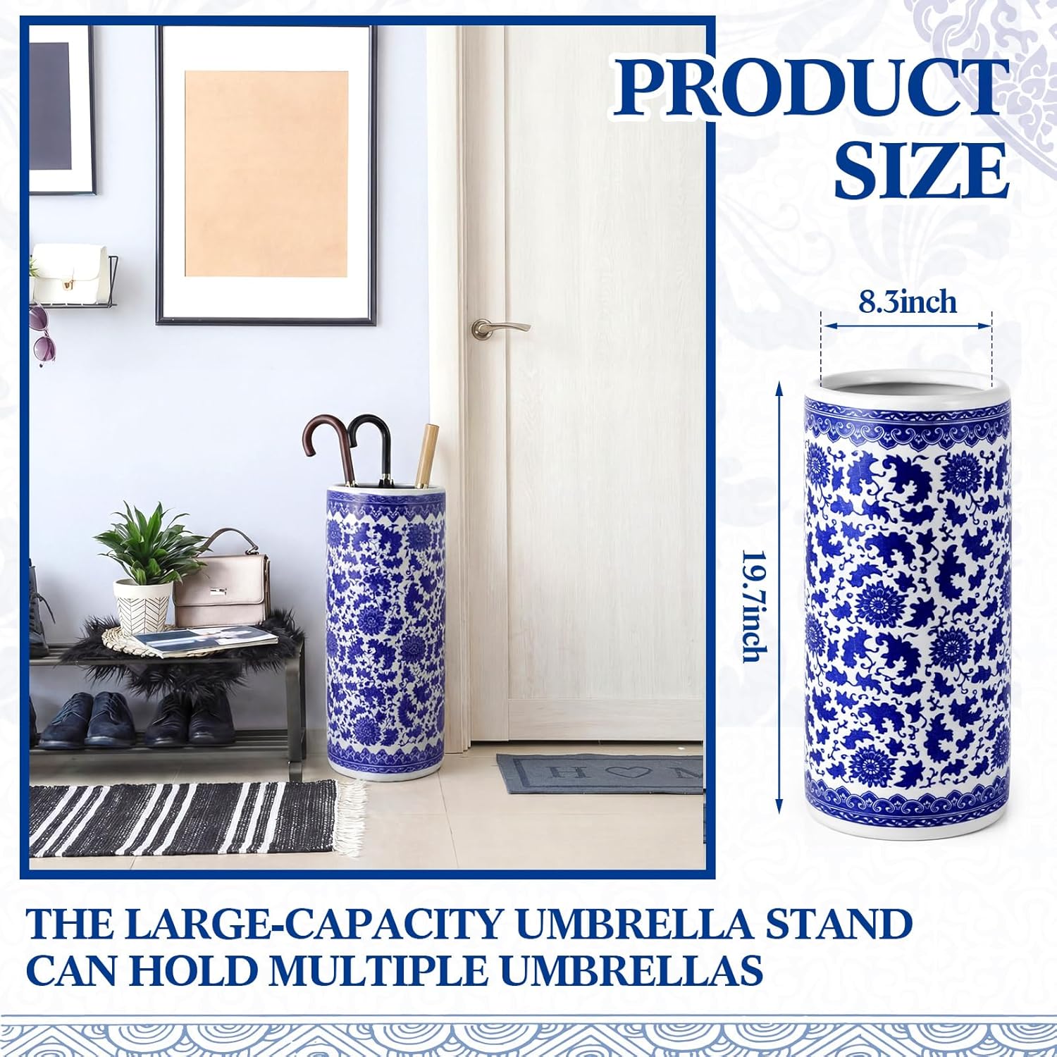 Sawysine Blue and White Ceramic Umbrella Stand, Floral Design Floor Vase for Entryway Indoor Decorative, 19.7" Heavy Porcelain Holder for Umbrellas Canes Home Decor(19.7 Inch,Lotus in Vine)