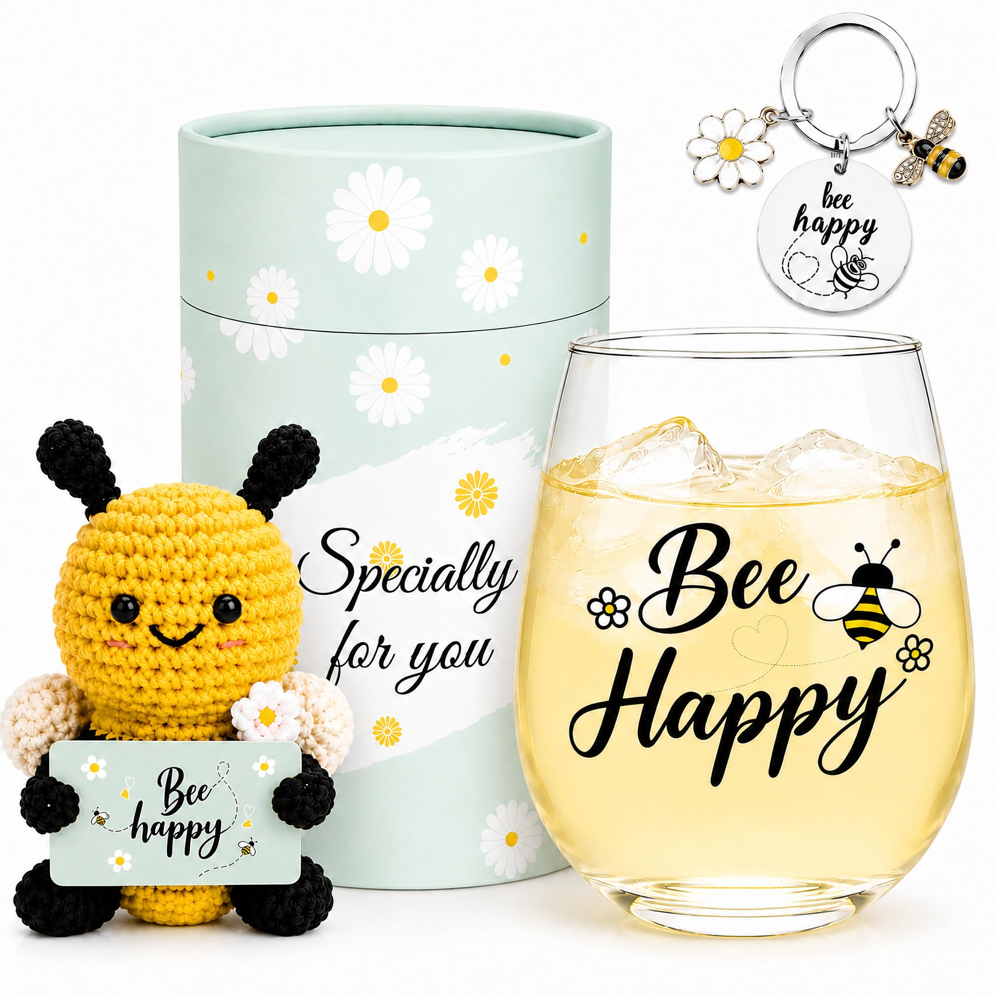 Sektasu Bee Gifts for Women, Bee Happy Gift Set with Glass Cup, Crochet Bees Plush, Keyring & Daisy Gift Tube Box, Bees Lover Gifts for Mum, Friend, Teacher, Birthday, Thank You, Christmas Gift
