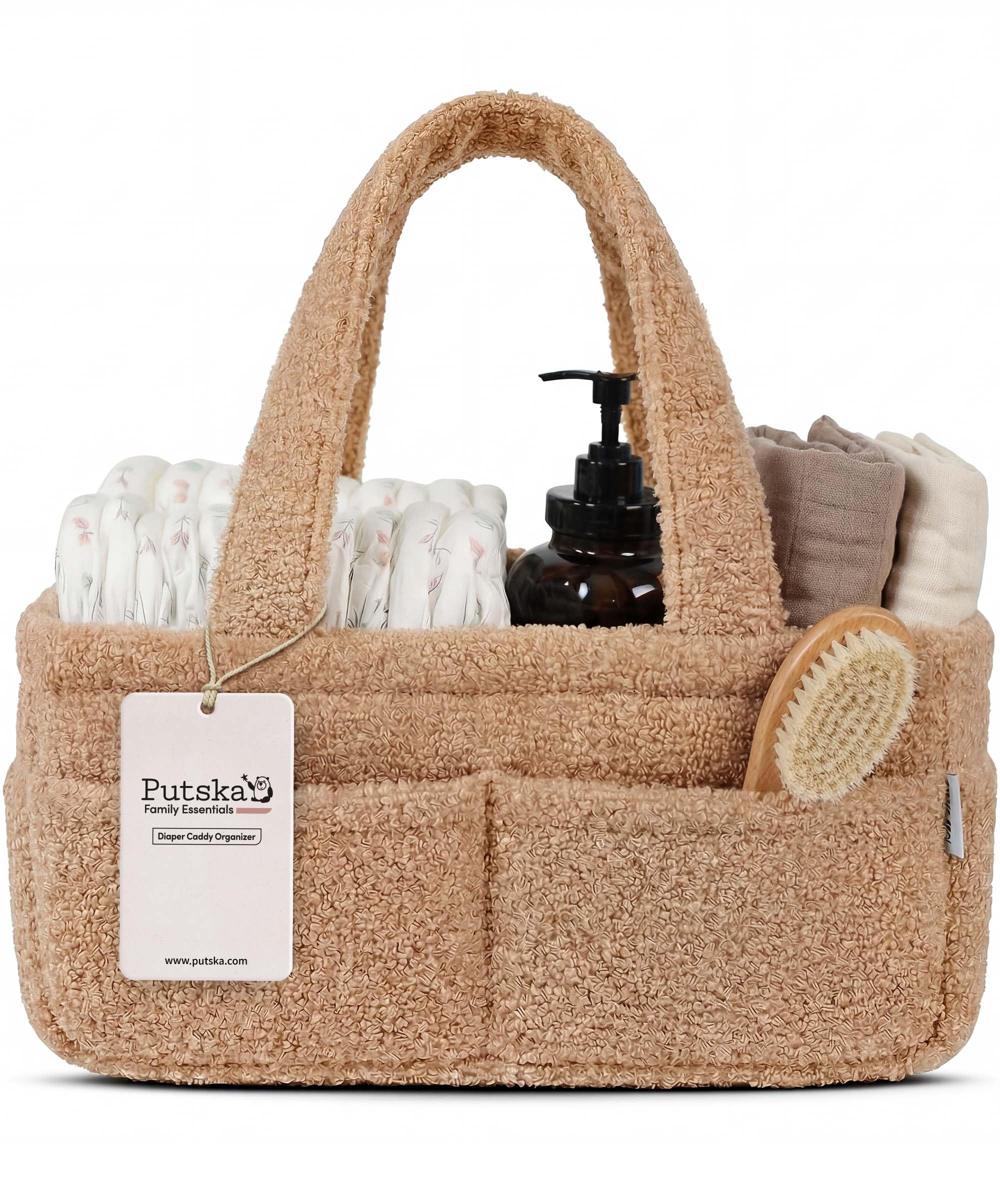 PUTSKA Baby Diaper Caddy Organizer for Changing Table – Stylish Nursery Storage Basket, Newborn Essentials, Baby Shower Gifts and Registry Must-Haves for Boy or Girl, Car Diaper Caddy, Fleece Mocha