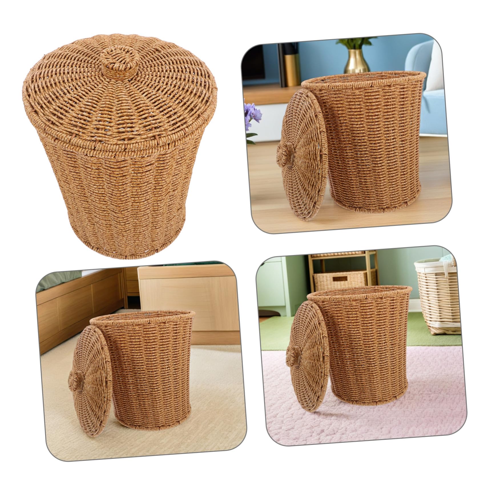 Zerodeko Panier de Rangement Tissé Main avec Couvercle pour Linge et Jouets Panier Rond Rotin Synthétique pour Maison