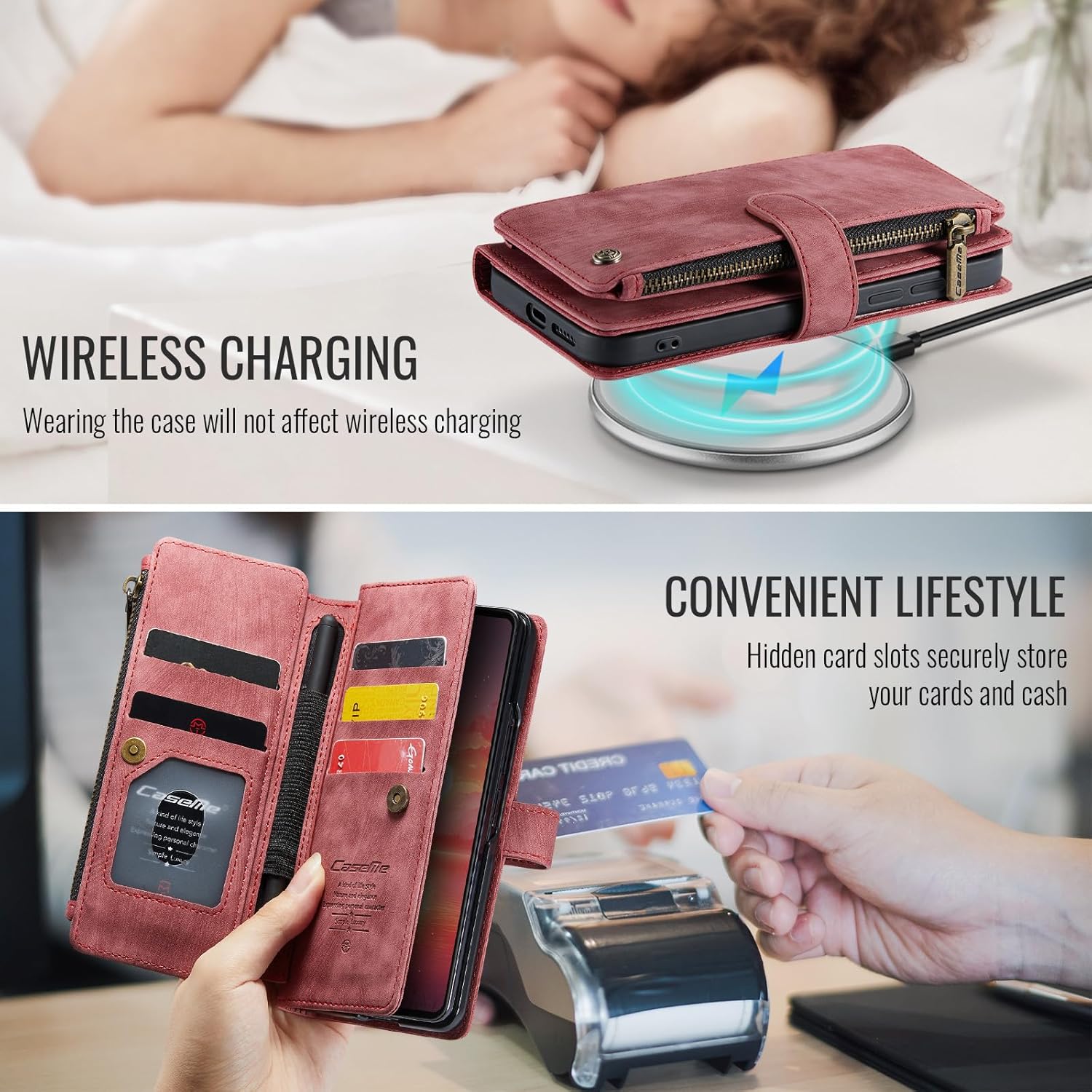 Samsung Galaxy Z Fold 7 Wallet Case with Card Holder Kickstand Magnetic Zipper Pocket Lanyard Strap Wristlet,Leather Flip Case Wallet for Galaxy Z Fold 7 (Red)