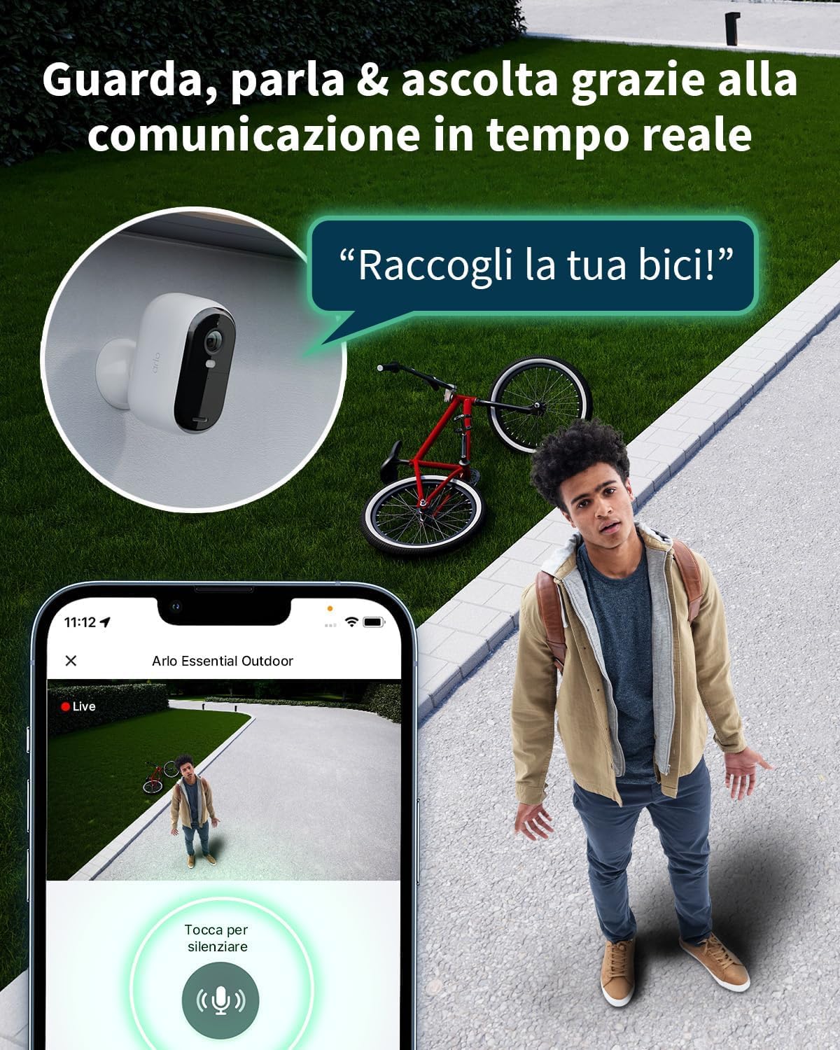 Arlo Essential 2 2K, Telecamera WiFi da Esterno Senza Fili, 6 mesi di autonomia, Visione Notturna a Colori, Illuminazione, Sirena, Audio Bidirezionale, 1 Telecamera Bianca