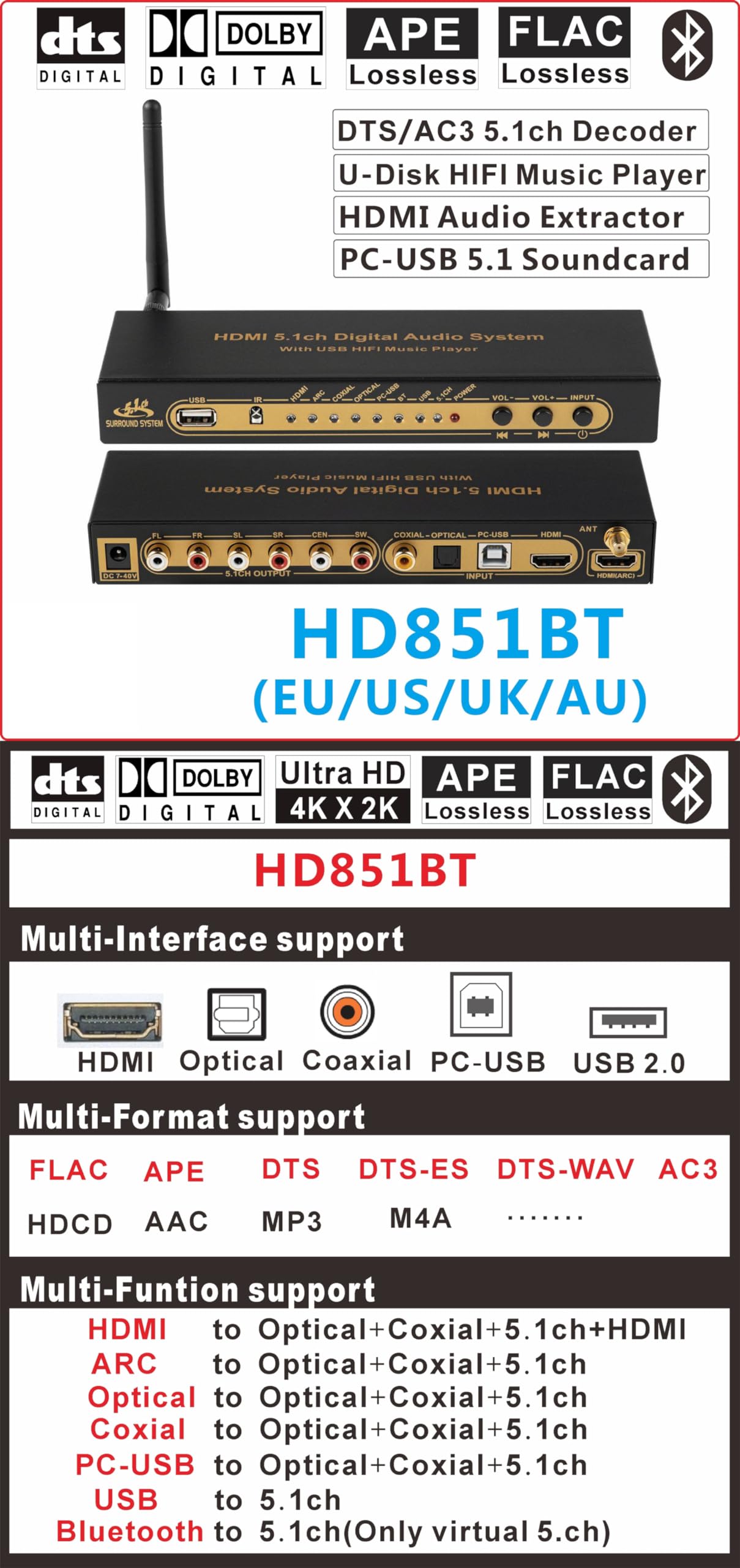 Convertitore Decoder Audio HDMI 5.1 DAC DTS AC3 flac pcusb APE 4K * 2K da HDMI a HDMI estrattore Convertitore Splitter digitale spdif ARC