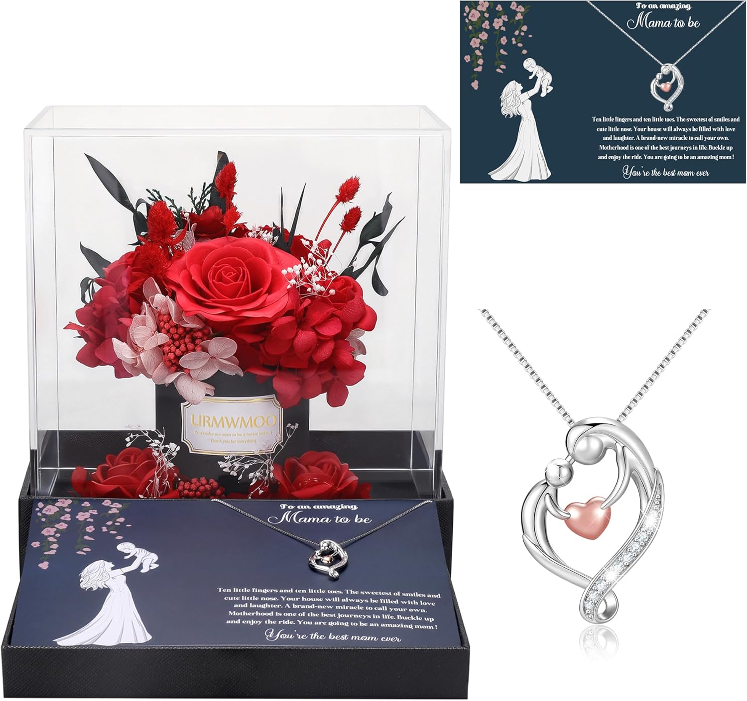 Preserved Red Rose with Mother Daughter Wife Necklace Jewelry Eternal Flowers Rose Birthday Gifts for Women on Birthday Christmas