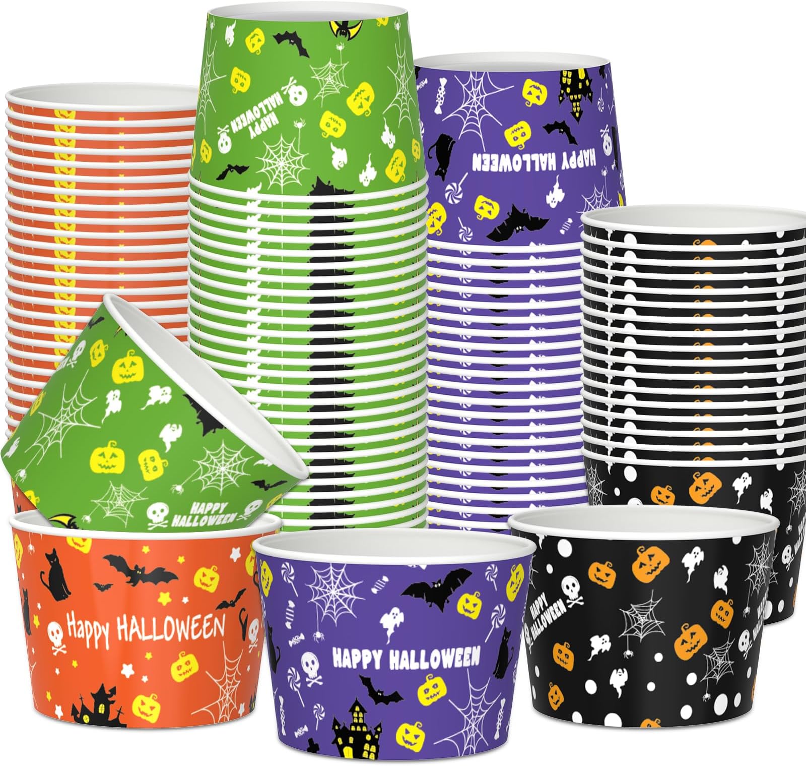 TeeFity160 Pcs 8 oz Halloween Ice Cream Bowls, Disposable Paper Snack Candy Cups for Halloween Party Soup Yogurt Cups Food Tasting Cups for Party Supplies