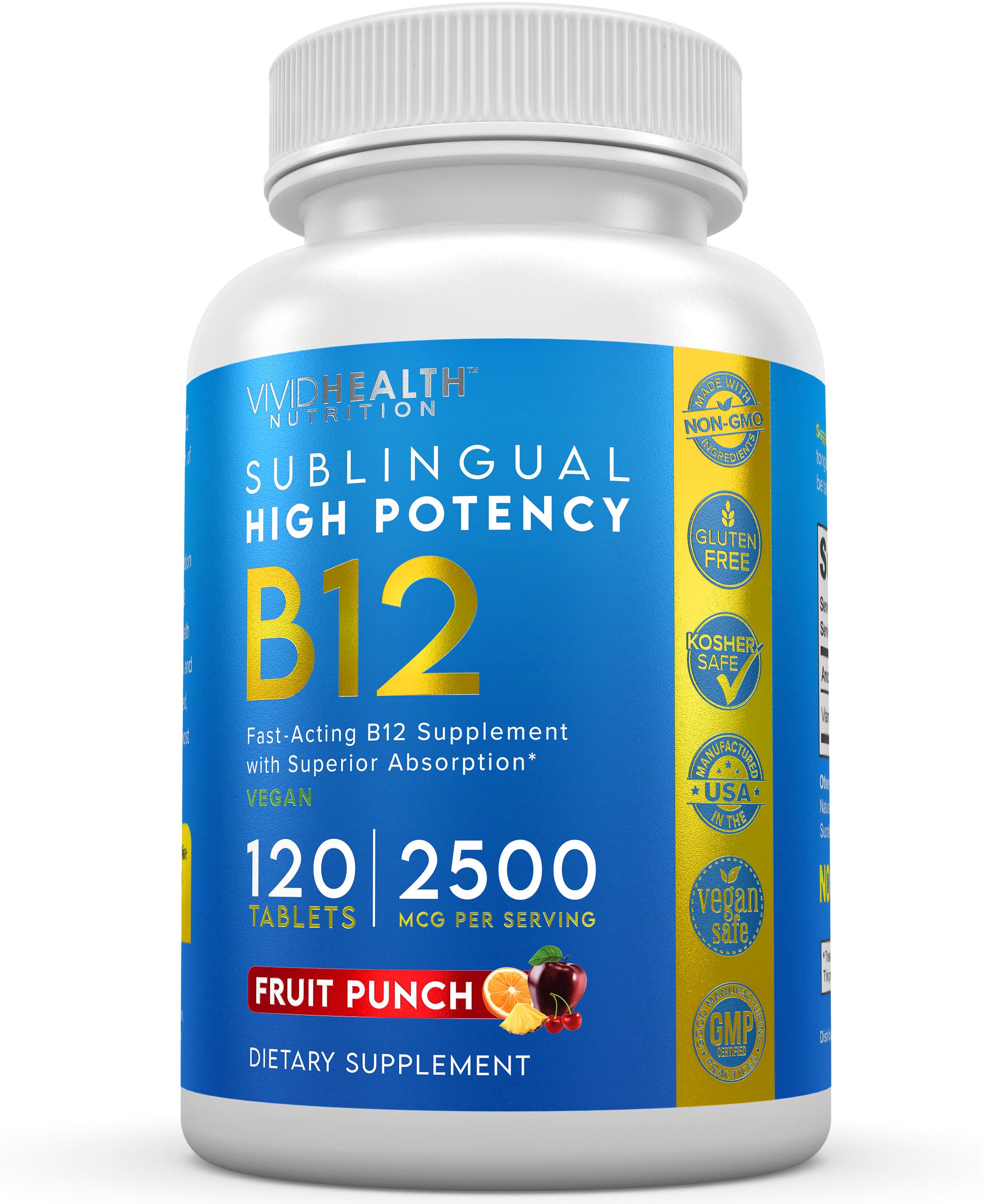 Energy Boosting Vitamin B12 Sublingual | Quick Dissolve Vegan B-12 with Methylcobalamin for Metabolic & Brain Support, 120 Fruit Punch Tablets