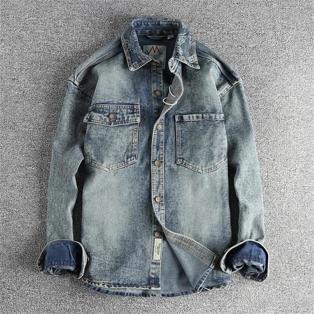Męski ciężki kołnierz kwiat nerkowca haft design sens brytyjski vintage denim koszula trend płaszcz