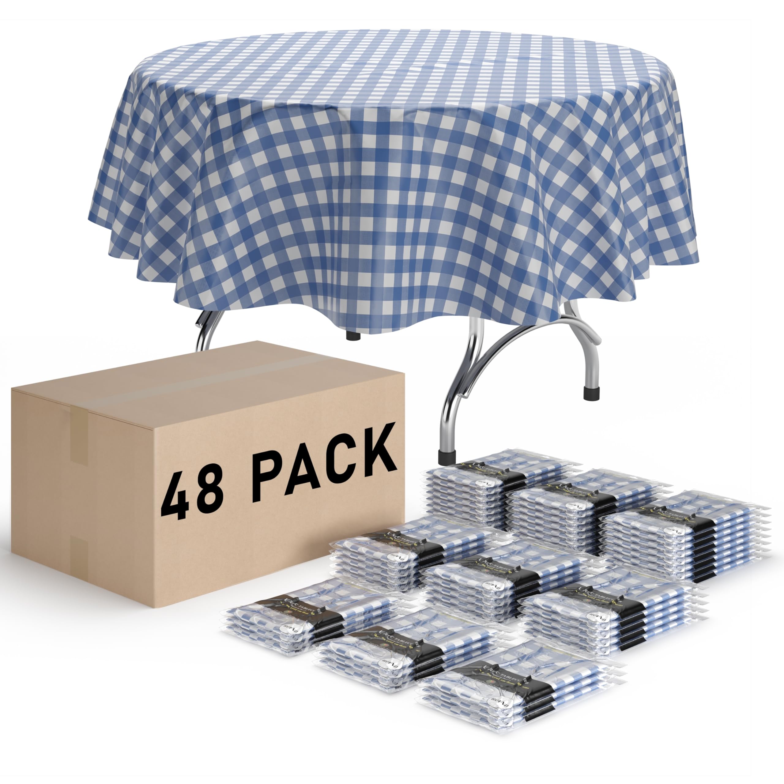 Nappe jetable à carreaux ronde en plastique bleu lot de 48 de 213cm