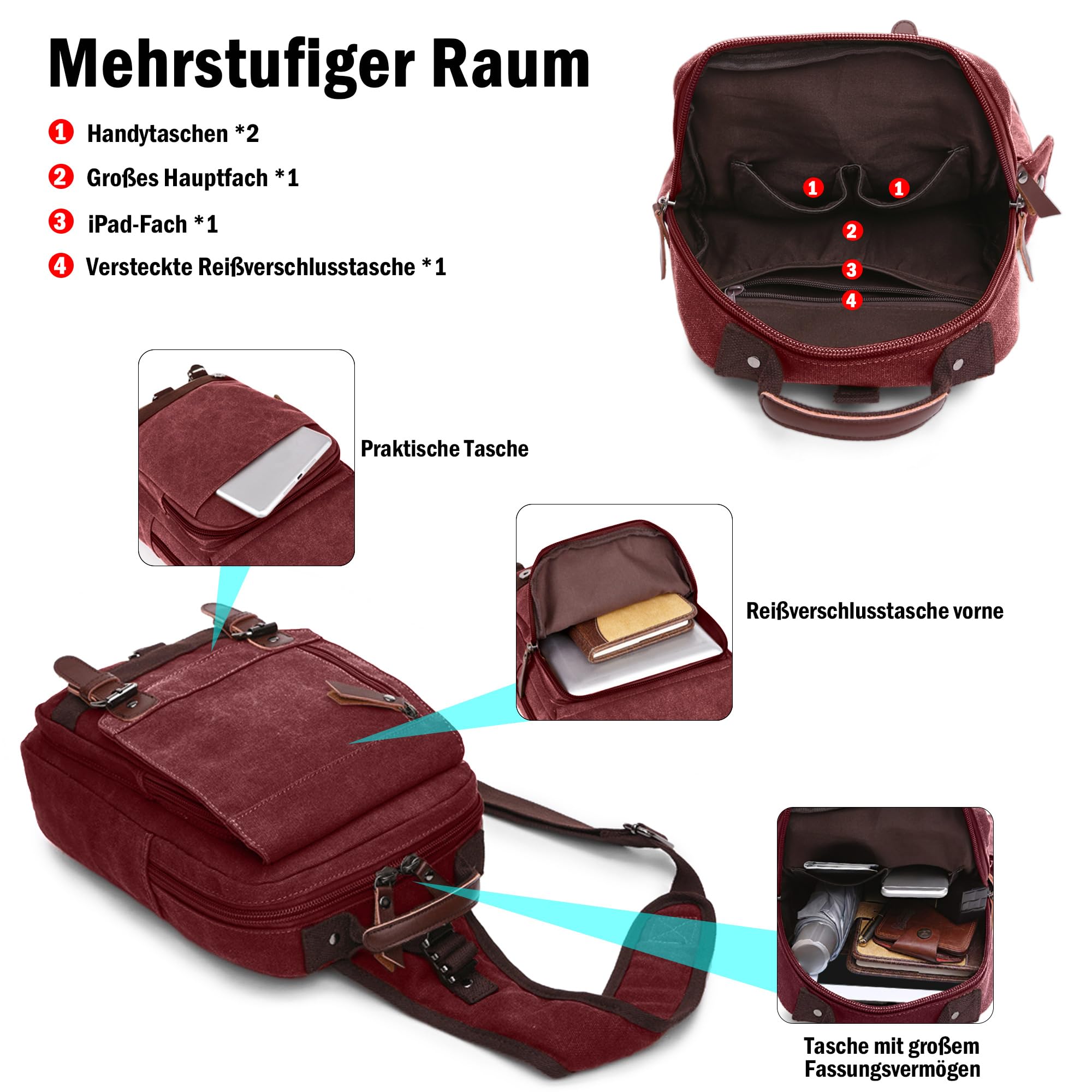 Herren Rucksack Klein Tagesrucksäcke Mode Brusttasche Sling Bag Leinwand Schultertaschen Kuriertasche Männer Sporttasche Casual Reise Schule Schultertasche Rucksack Rot
