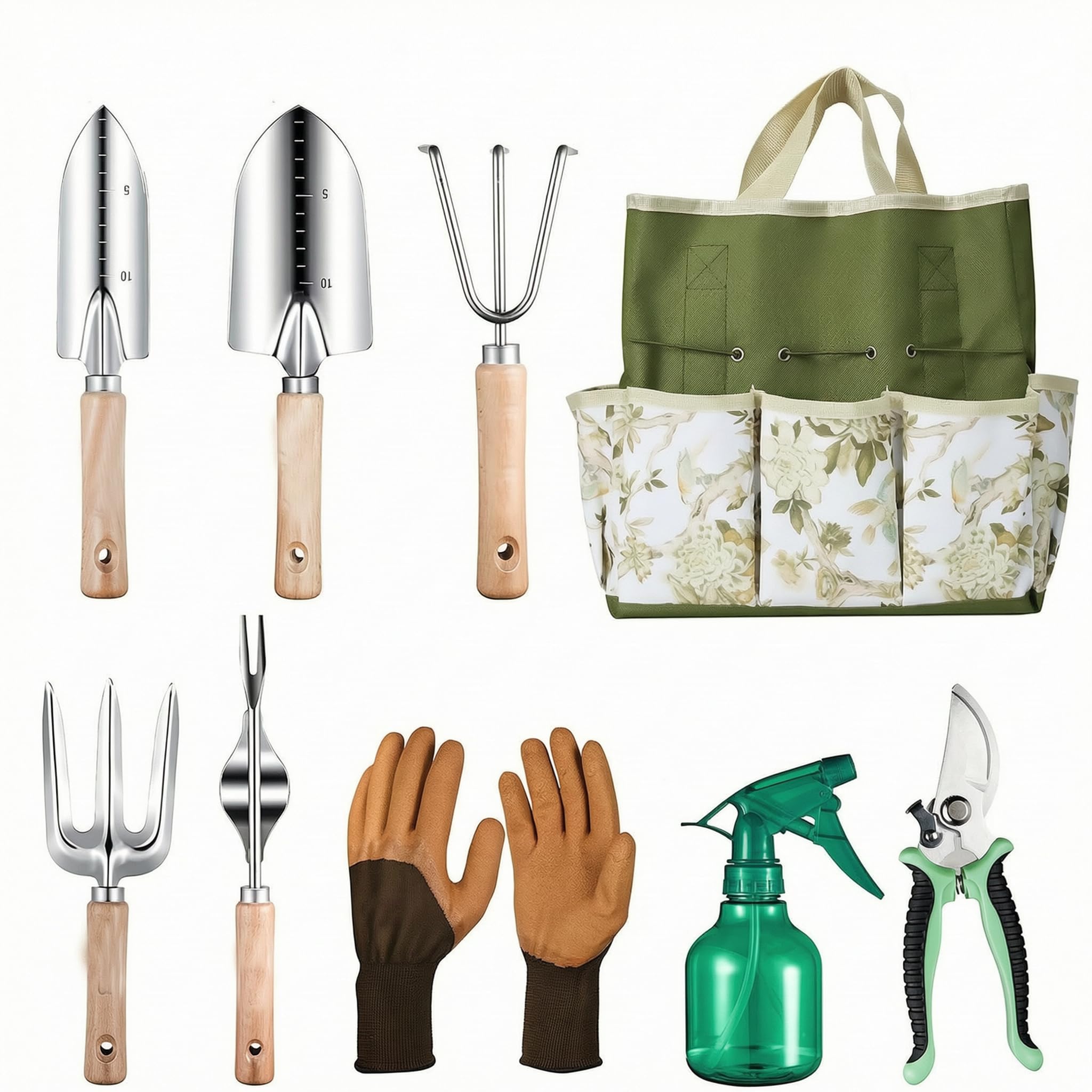 Attrezzi da giardino in acciaio inossidabile con manici in legno