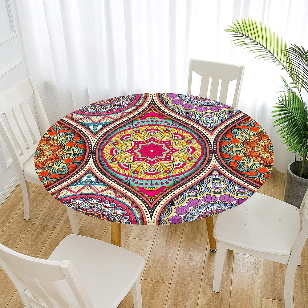 Fansu Kaleidoscope Round Tablecloth Waterproof Wipe Clean, Circular Tablecloths Fitted Elastic Edged, Stain Resistant Polyester Table Cover For Dinning Room Kitchen Picnic Party (,Diameter 90Cm)