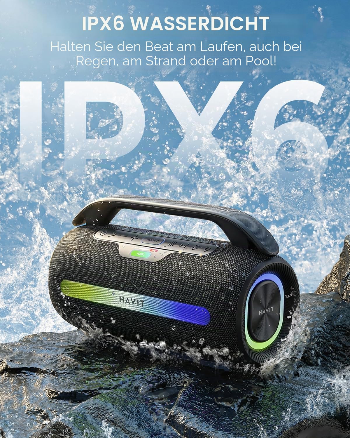 havit 120W MAX Outdoor Lautsprecher, IPX6 Wasserdichter Tragbarer Bluetooth Lautsprecher mit 2.2 K, 16H+ Spielzeit, RGB-Lichter, USB-C, Powerbank, Custom EQ, AUX/DSP für Camping, Strand, Garten