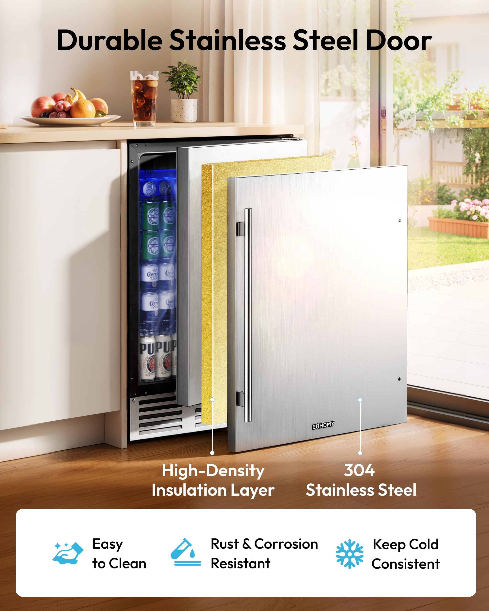Euhomy 24 Inch Beverage Refrigerator, Undercounter Beverage Fridge 180 Can With Stainless Steel Door For Home Patio, Beverage Cooler Built-In Or Freestanding, Outdoor Refrigerator For Soda Beer Wine on Fridge.com - View 3