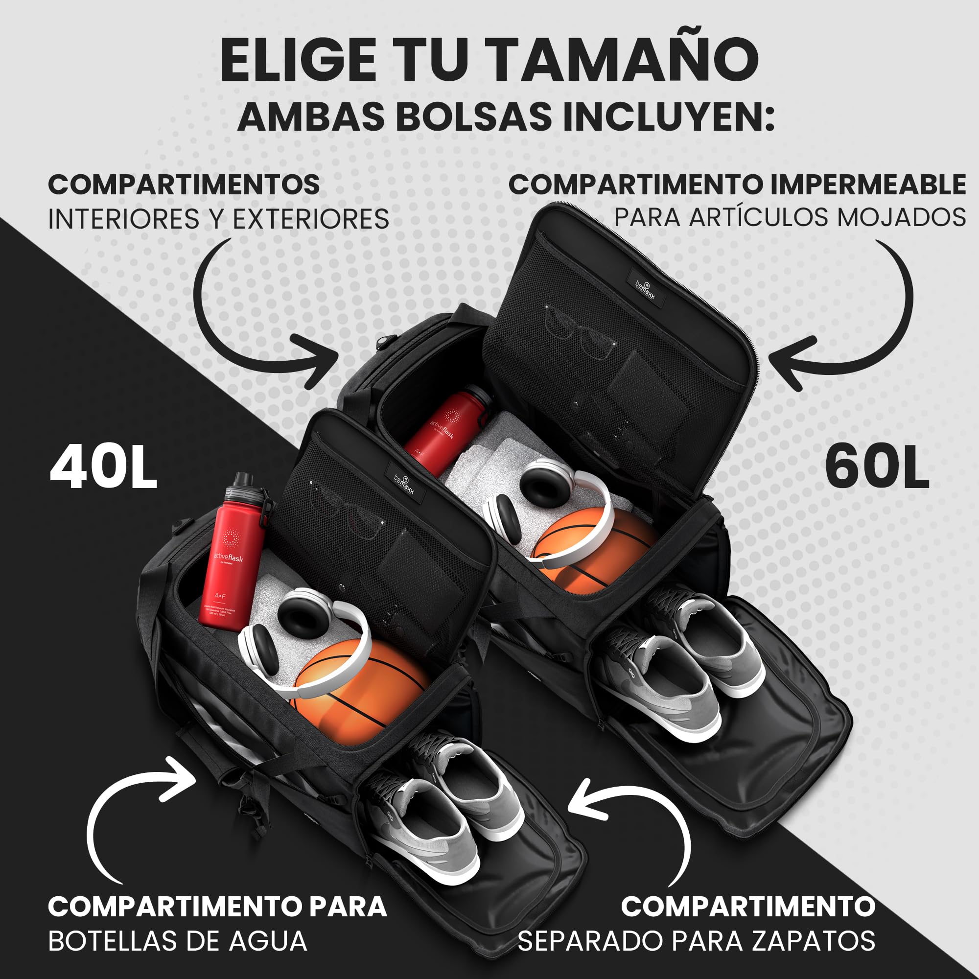 Bolsa Deporte Fitness + Mochila Función y Compartimento para Zapatos: Separada Seco y Humedo | 40/60L Deportivo Viaje Gimnasio Natacion Fin de Semana Travel Duffle Bag Equipaje Mano| Hombre Mujer - 4
