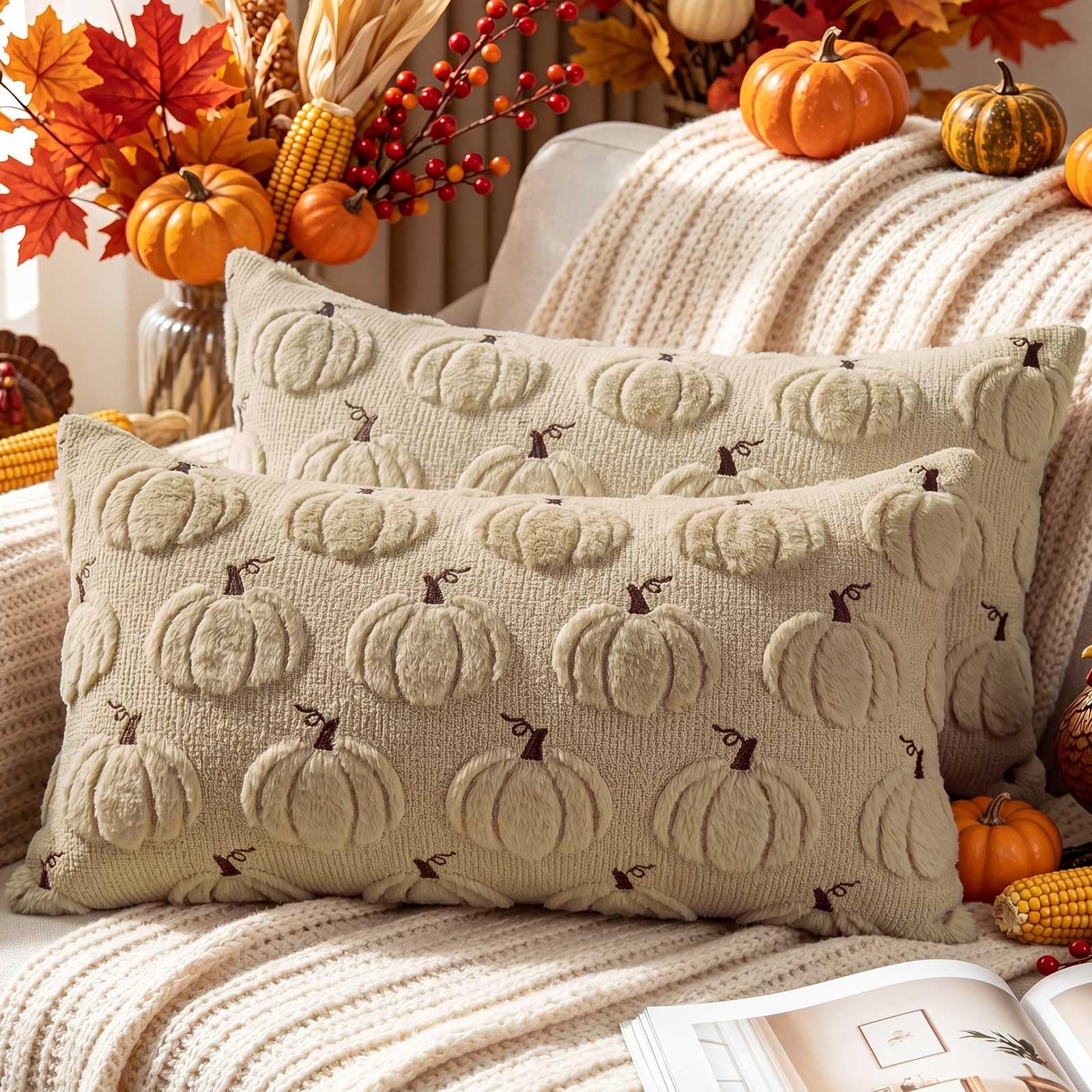 Benjia Autumn 12x20 Cushion Covers Set of 2, Lumbar Cushion Case Fall Pumpkin Throw Pillow Cases Soft Plush Faux Fur Wool Decorative Throw Pillow Covers 30x50cm for Couch Sofa Bed Autumn Decor (Beige)