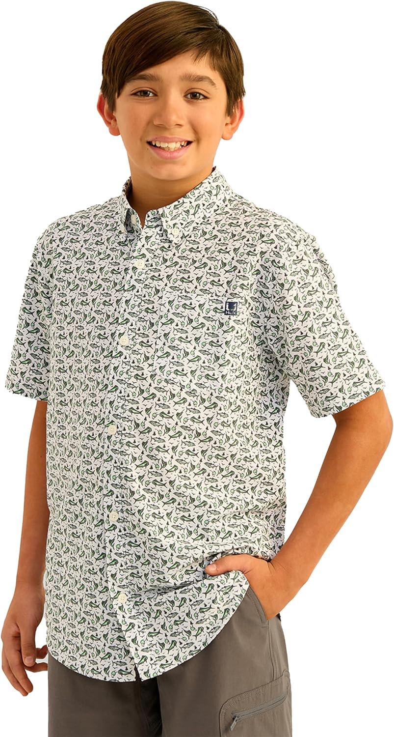 HUK Boys Kona Pattern Short Sleeve Fishing Button Down Shirt for Kids