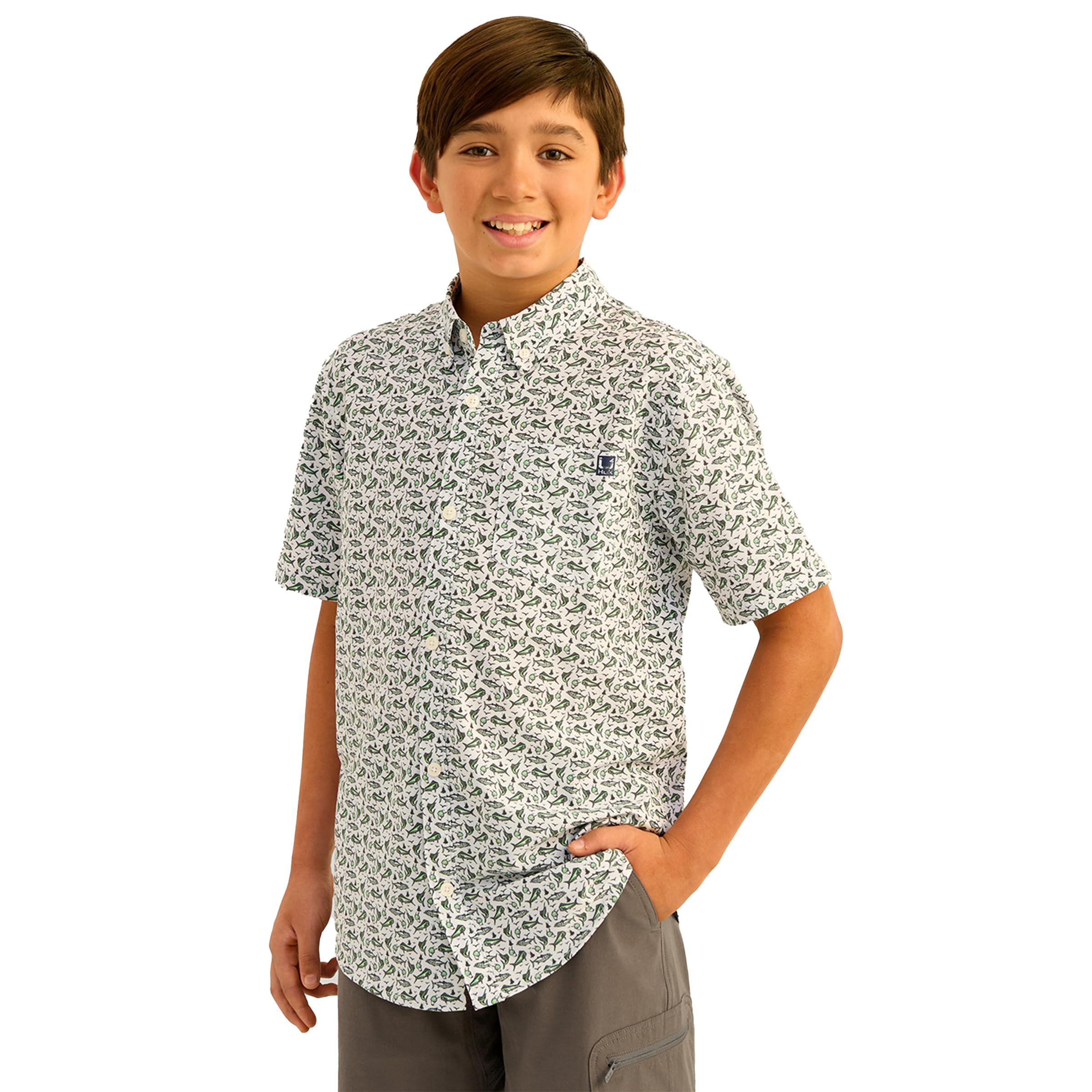 HUK Kona Pattern Short Sleeve Fishing Button Down Shirt For Kids Kona - Camisa de Pesca de Manga Corta con Botones para niños Unisex niños