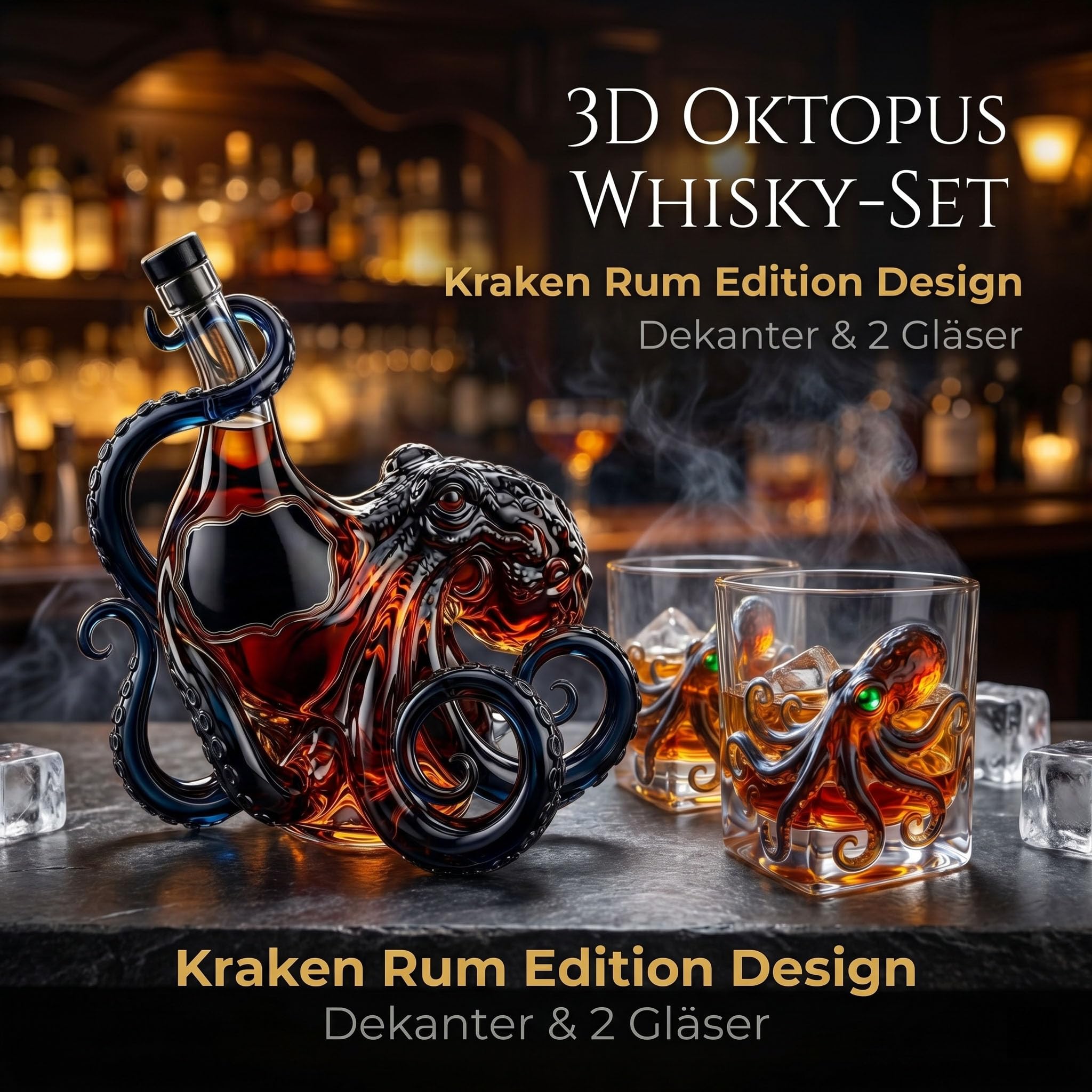 Juego de whisky con forma de pulpo en 3D | Decantador + 2 vasos | Perfecto para whisky, ron, bourbon o cócteles; un regalo único para hombres, aficionados a los bares y coleccionistas.