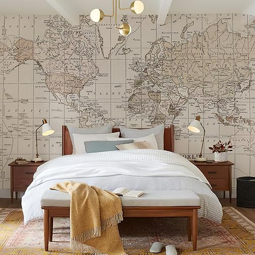 Miniatura 5 de Mural de pared de mapa del mundo vintage beige para despegar y pegar, papel tapiz de mapa del mundo gigante para guardería, habitación de niños,
