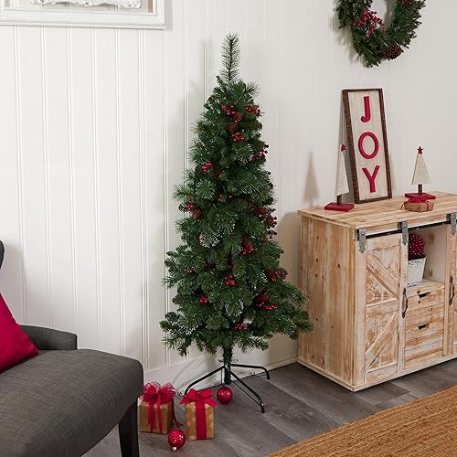 Miniatura 10 de Nearly Natural Árbol de Navidad artificial de pino de montaña de Montreal con parte trasera plana de 5 pies con piñas, bayas y 110 luces LED blancas