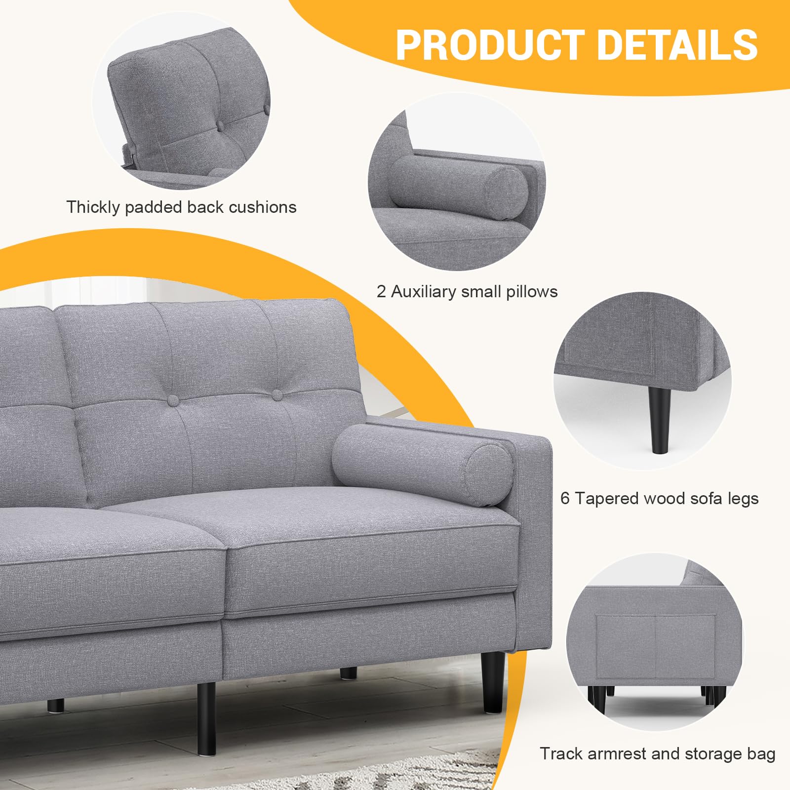 2-Sitzer Sofa, Dicke Kissen, 2 Kissen & Taschen (Grau) | Bequemes Leinen-Sofa, 2-Sitzer mit 2 Kissen, Seitentaschen, Ergonomisches Design & Einfache Montage für Wohnzimmer & Büro