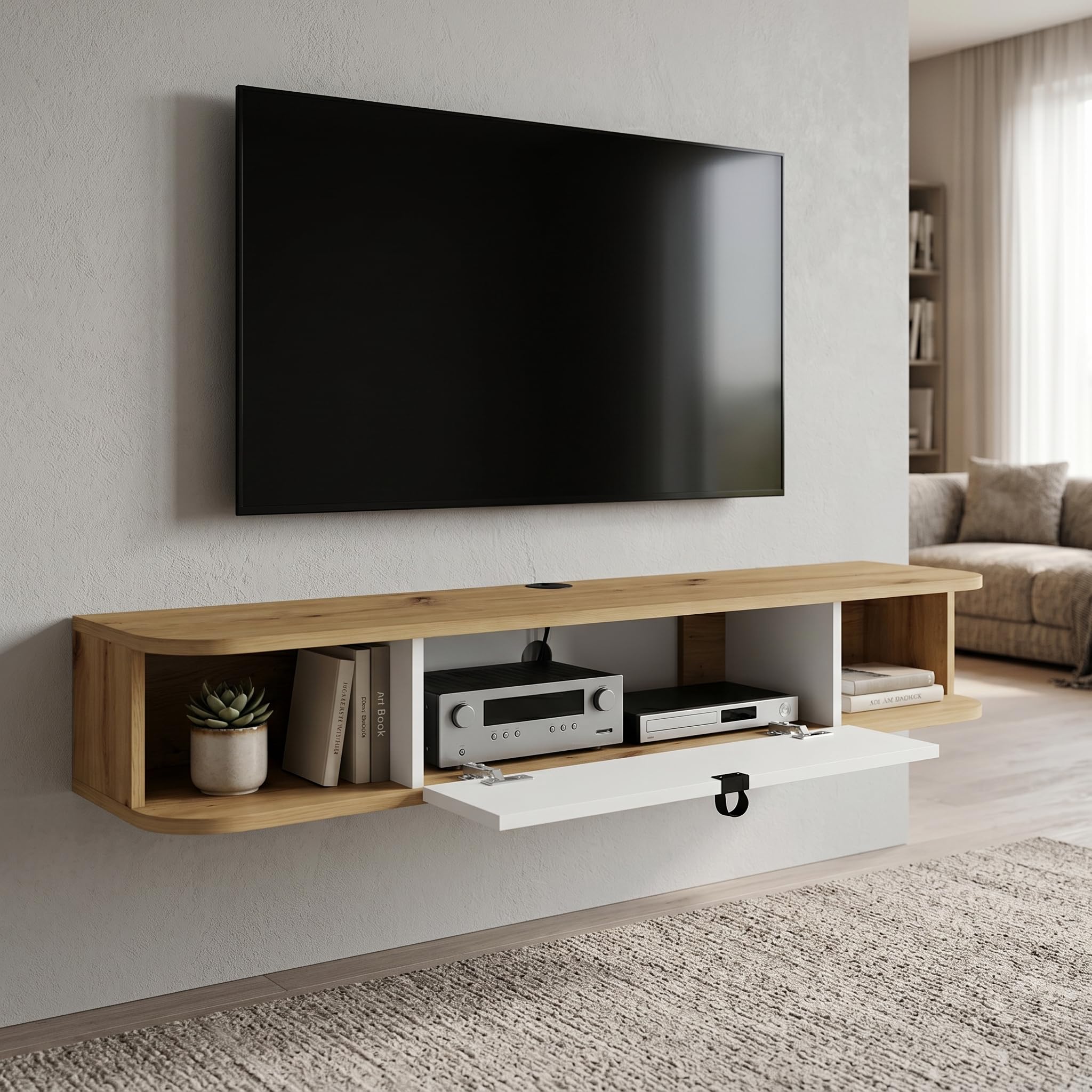 Homlando Lowboard TV, Hängender Fernsehschrank mit Klapptüren, TV Wandboard, Hängeschrank, TV Schrank Icarus 156 x 29 x 20 cm Artisan Eiche und Weiß Matt