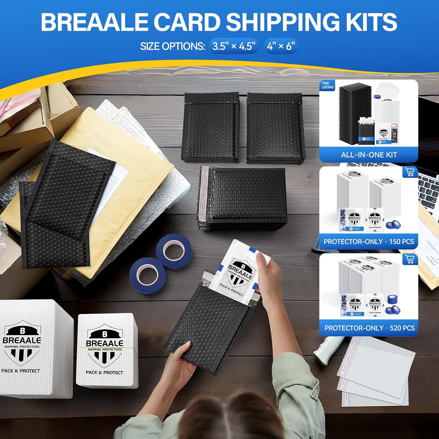 Trading Card Shipping Kit, Includes 100 4'' x 6'' Graded Card Shipping Protectors, 50 6'' x 8.7'' Envelope Bubble Mailers, 20M Painter’s Tape, 50 Cellophane Bags, PSA BGS CGC Slabs & Raw - Image 8