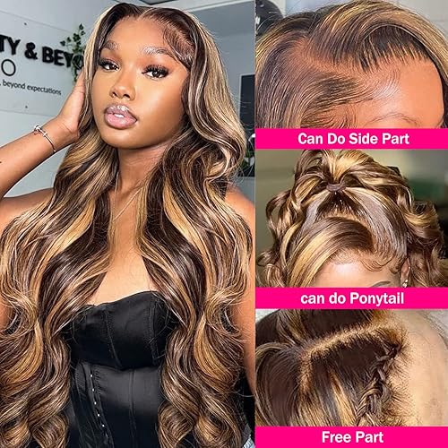 Miniatura 2 de Aicrelery Pelucas de cabello humano con encaje frontal de 13 x 6 pulgadas, color degradado P427, rubio miel, prearrancadas con abuelitos, densidad